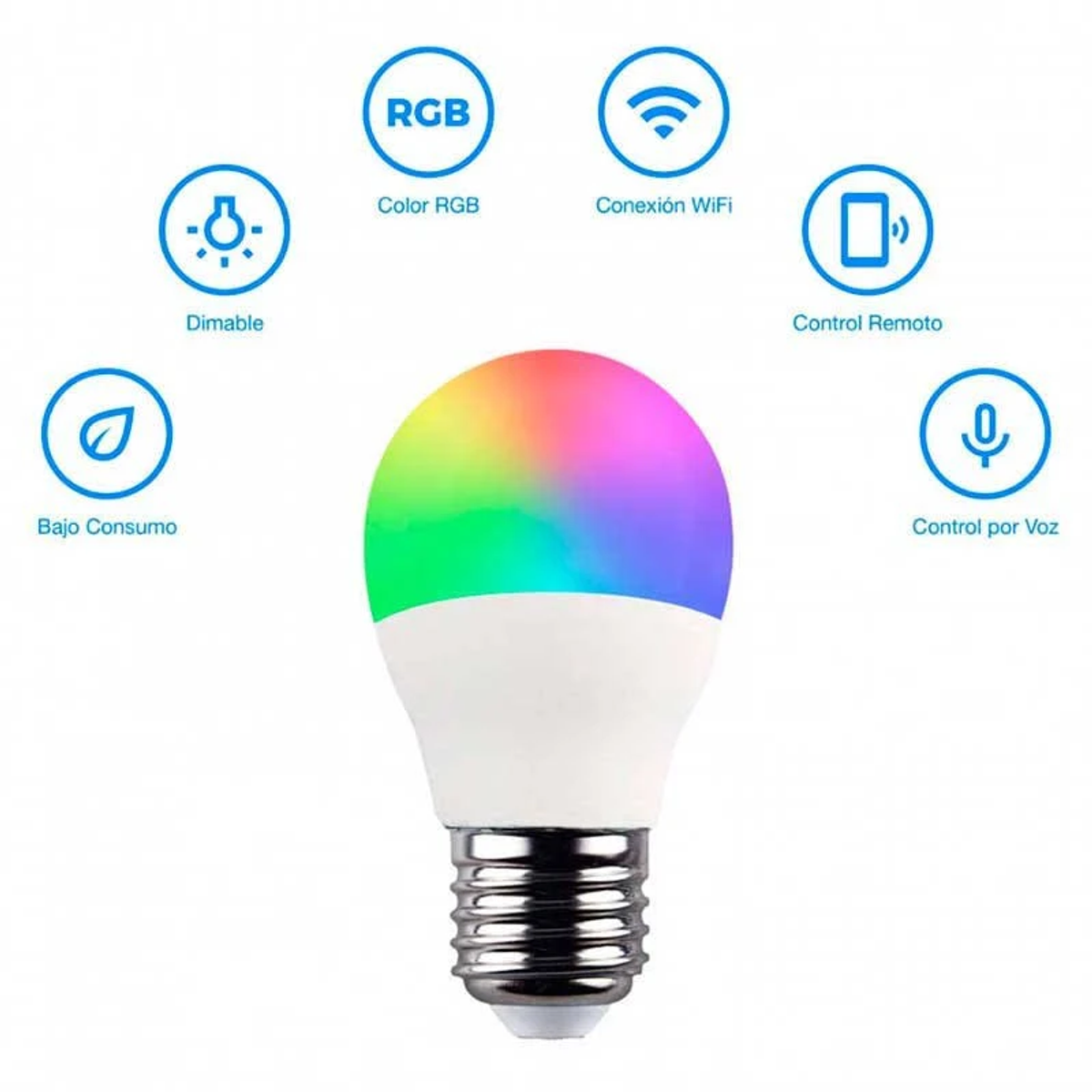 Inteligentna żarówka LED z gradientem kolorów i ikonami sterowania.