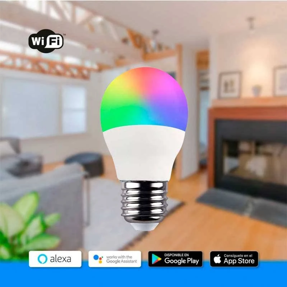Inteligentna żarówka świecąca tęczą kolorów, z logo Wi-Fi i aplikacji.