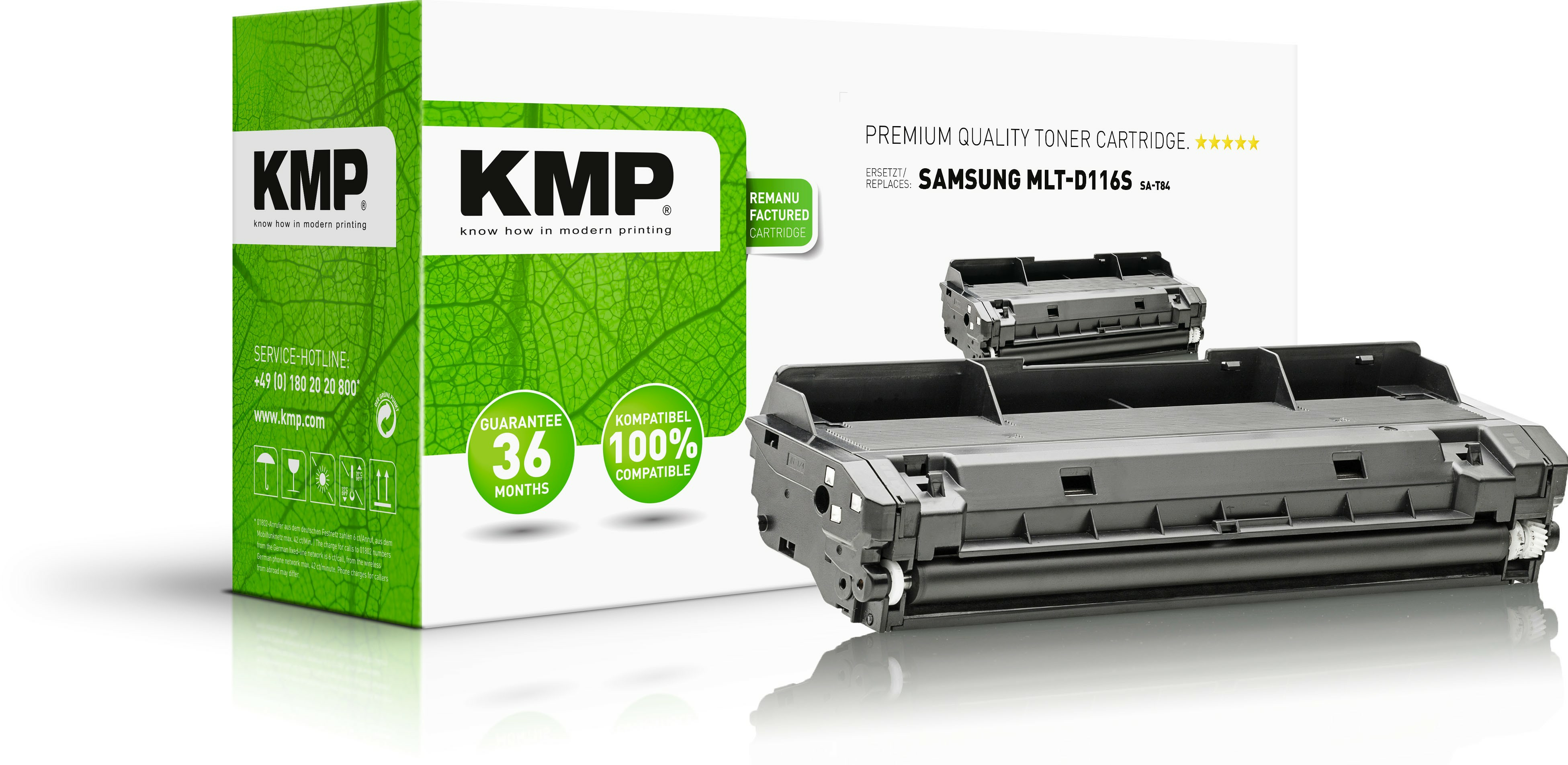 Caja de cartucho de tóner KMP con un cartucho de tóner Samsung MLT-D116S negro.