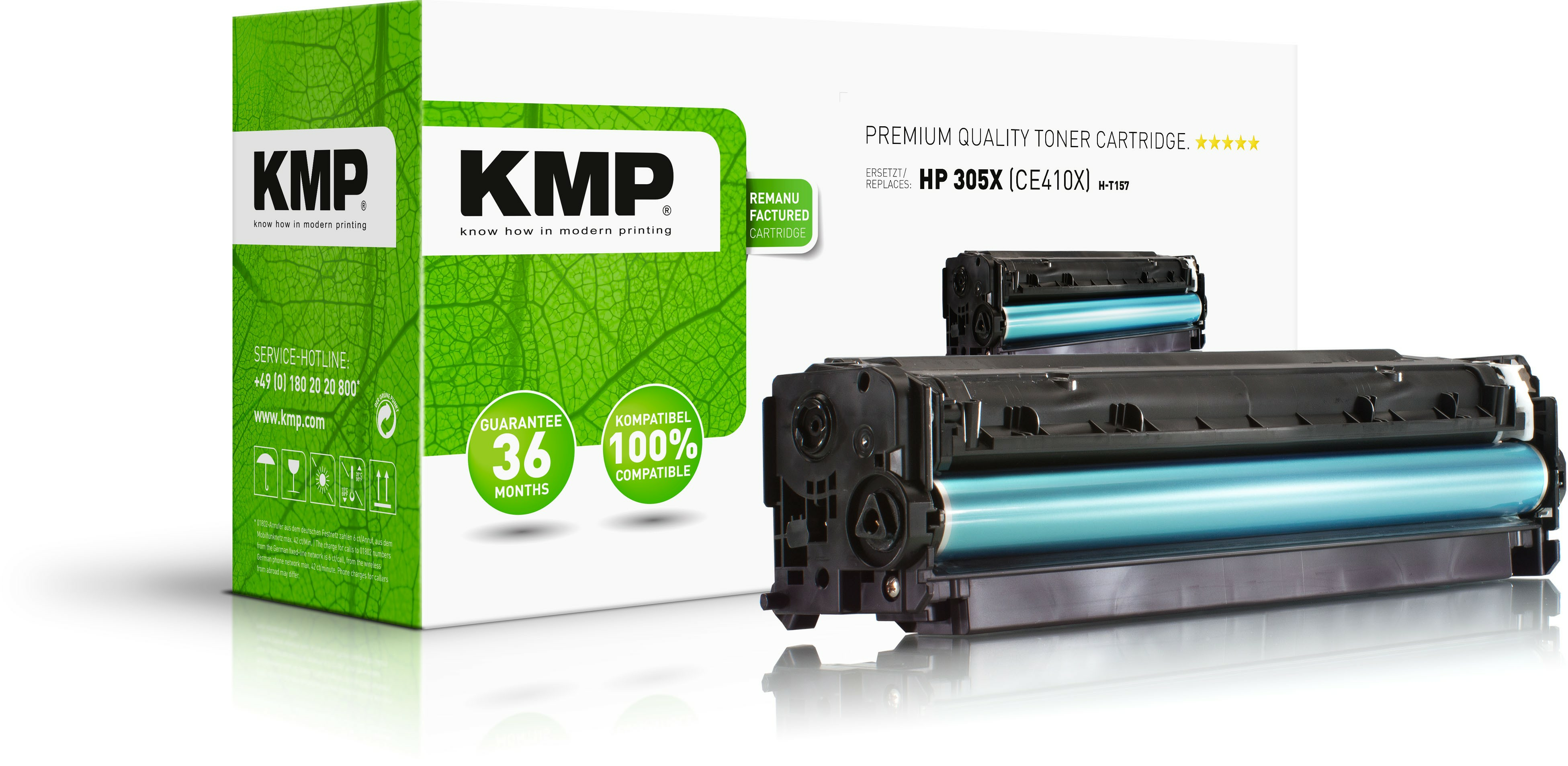 Caja de cartucho de tóner KMP y cartucho de tóner. Caja verde y blanca. Cartucho negro y azul.