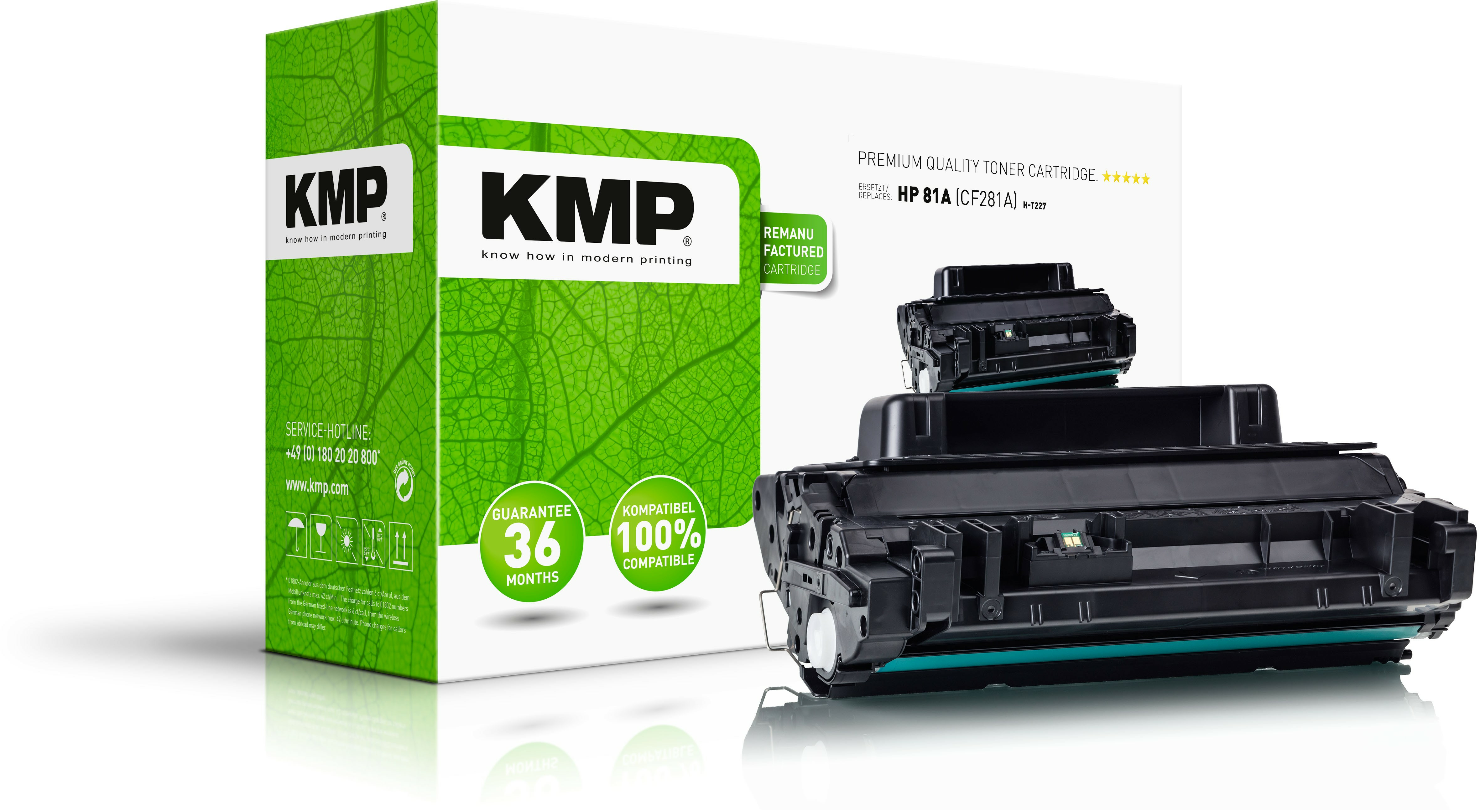 Cartuccia toner nera e scatola con design a foglia verde, logo KMP.