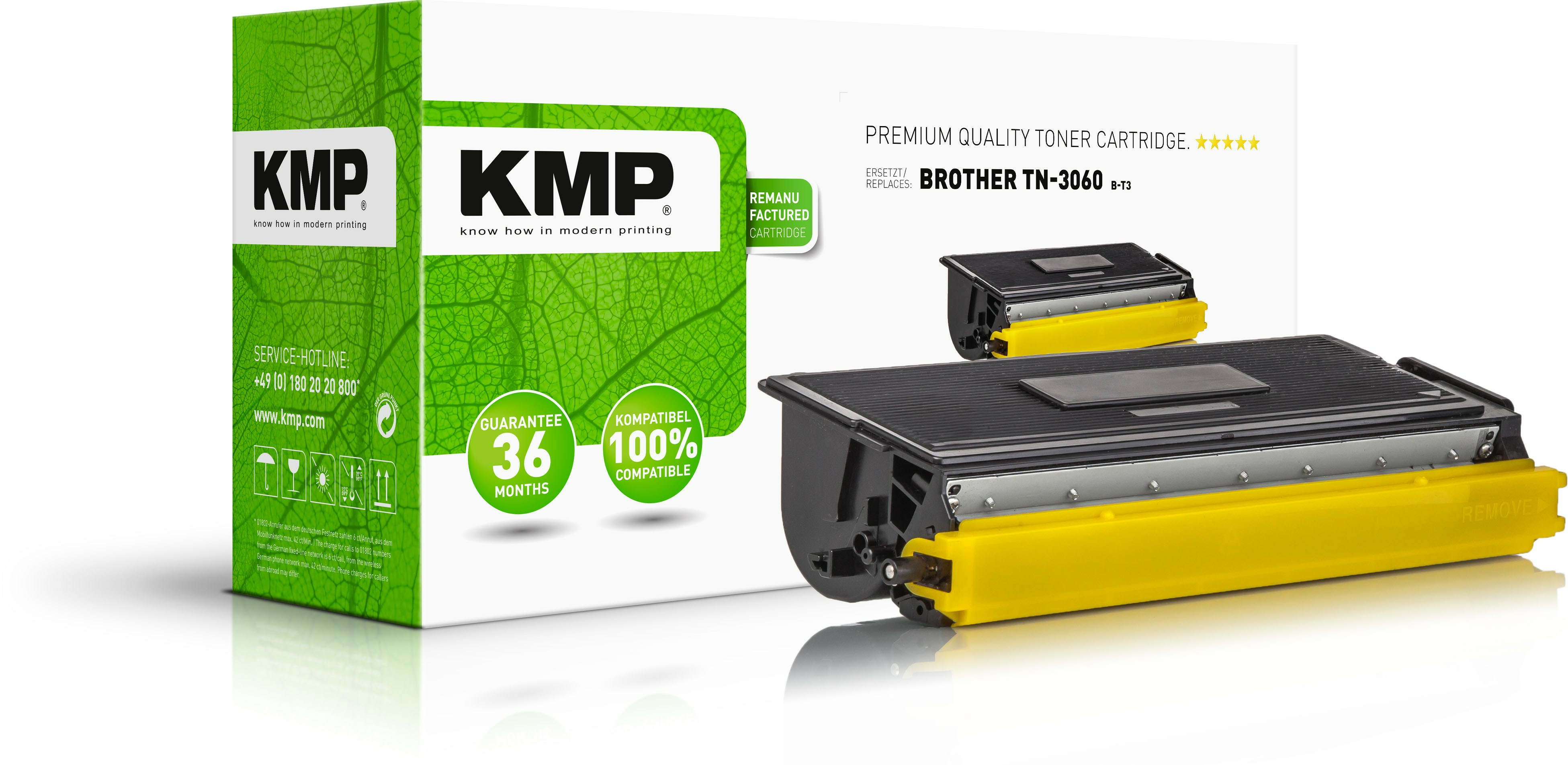 Scatola KMP verde e bianca con cartucce toner. La scatola ha una garanzia ed è compatibile.