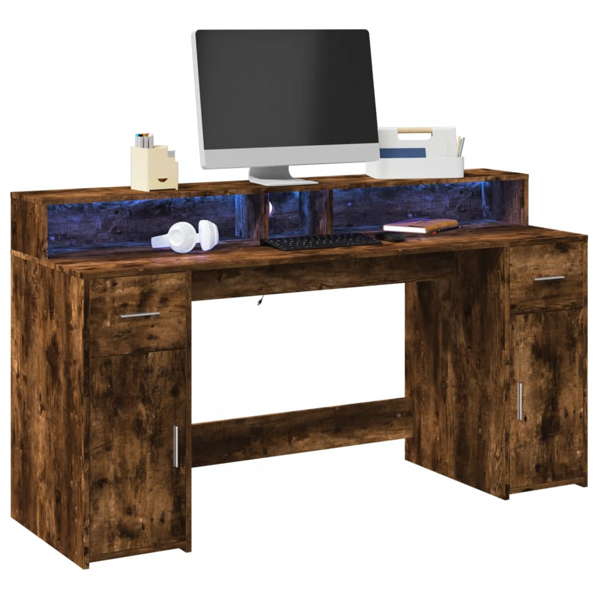 Brauner Holzschreibtisch mit Schubladen, Türen und einem Monitor. Hat blaue Lichter.