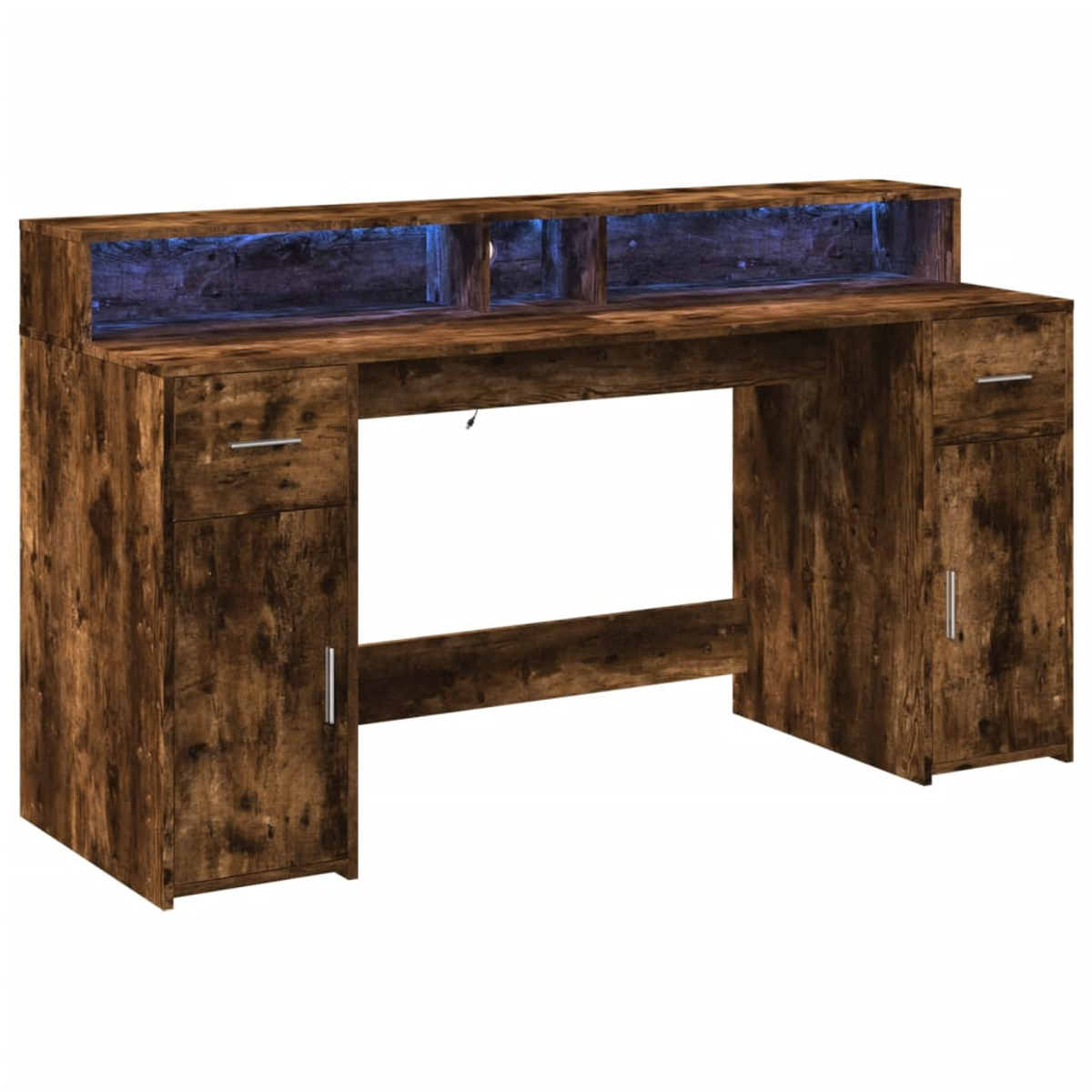 Holzschreibtisch mit Schubladen und Regalen, beleuchtet mit blauen Lichtern. Hintergrund ist weiß.