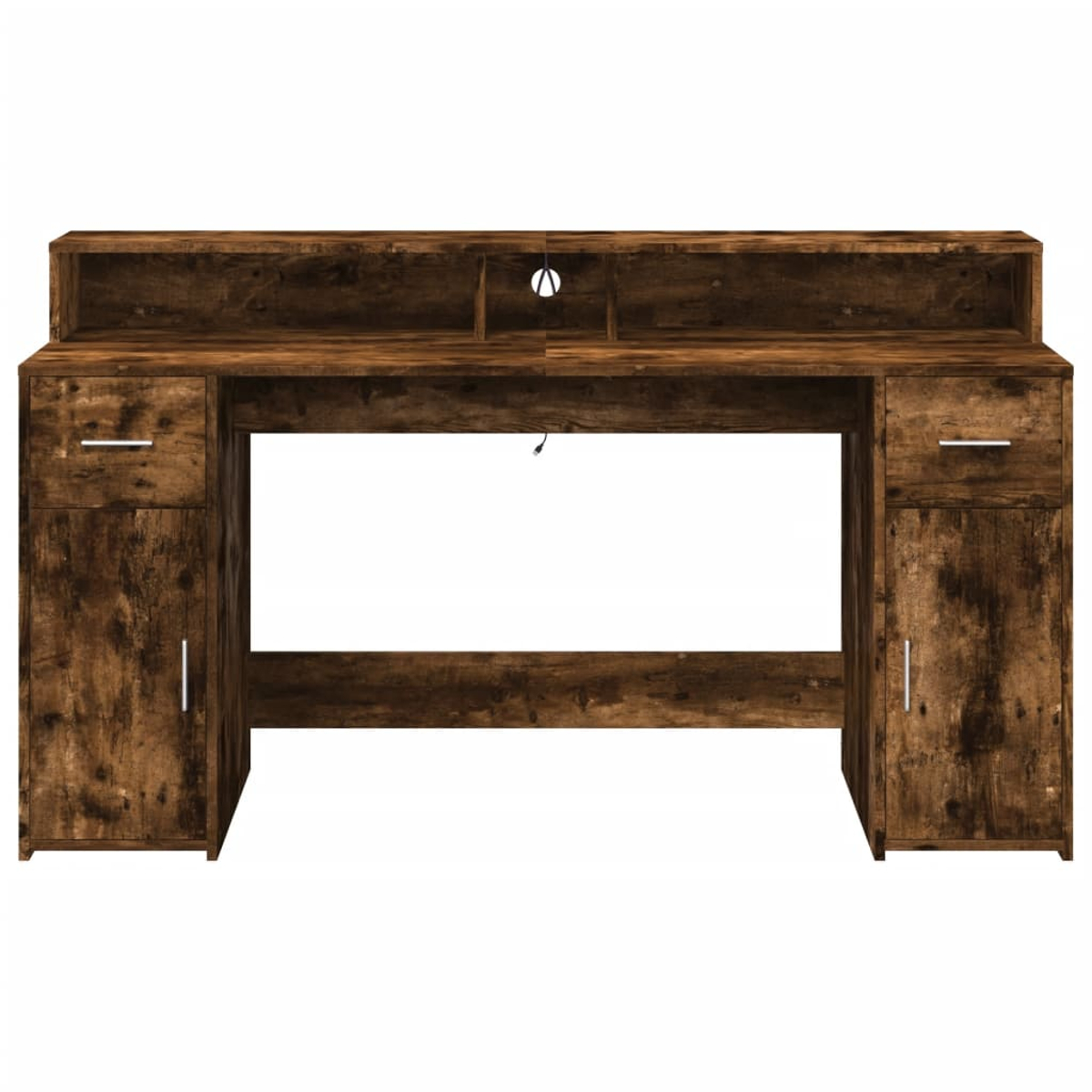 Brauner Schreibtisch mit Schubladen und Schränken, in Holzstruktur. Der Hintergrund ist weiß.