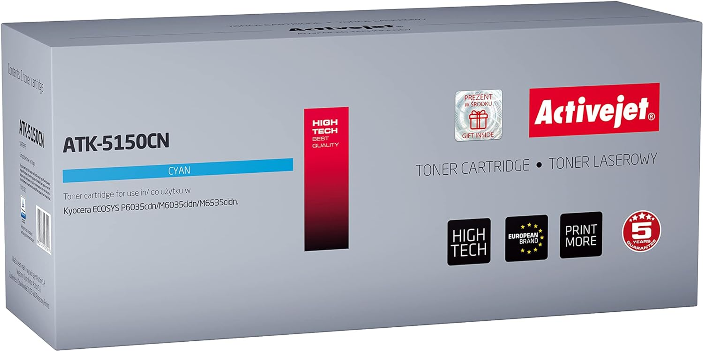Scatola cartuccia toner ciano. Sfondo bianco. Loghi high-tech e del marchio visibili.