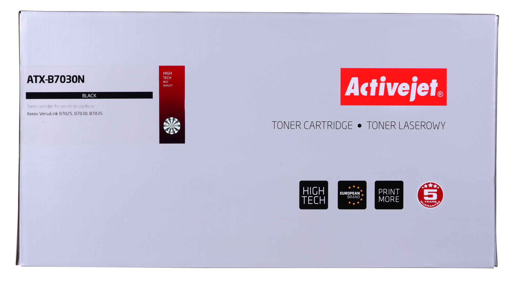 Czarny toner Activejet na białym tle. Pudełko ma logo Activejet.