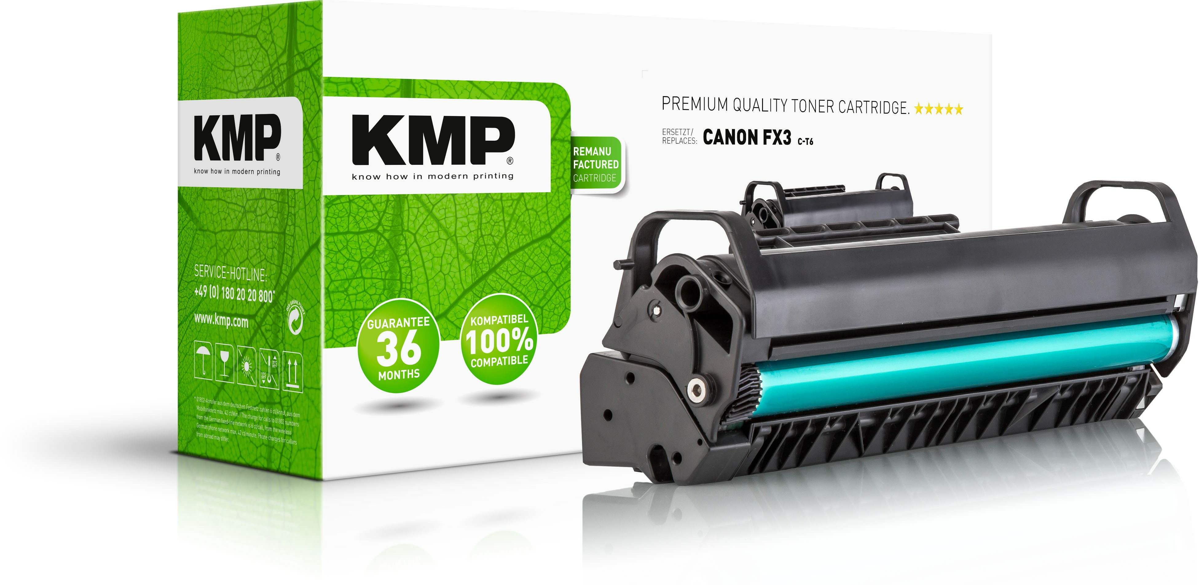 Scatola della cartuccia toner KMP e la cartuccia stessa, su sfondo bianco.