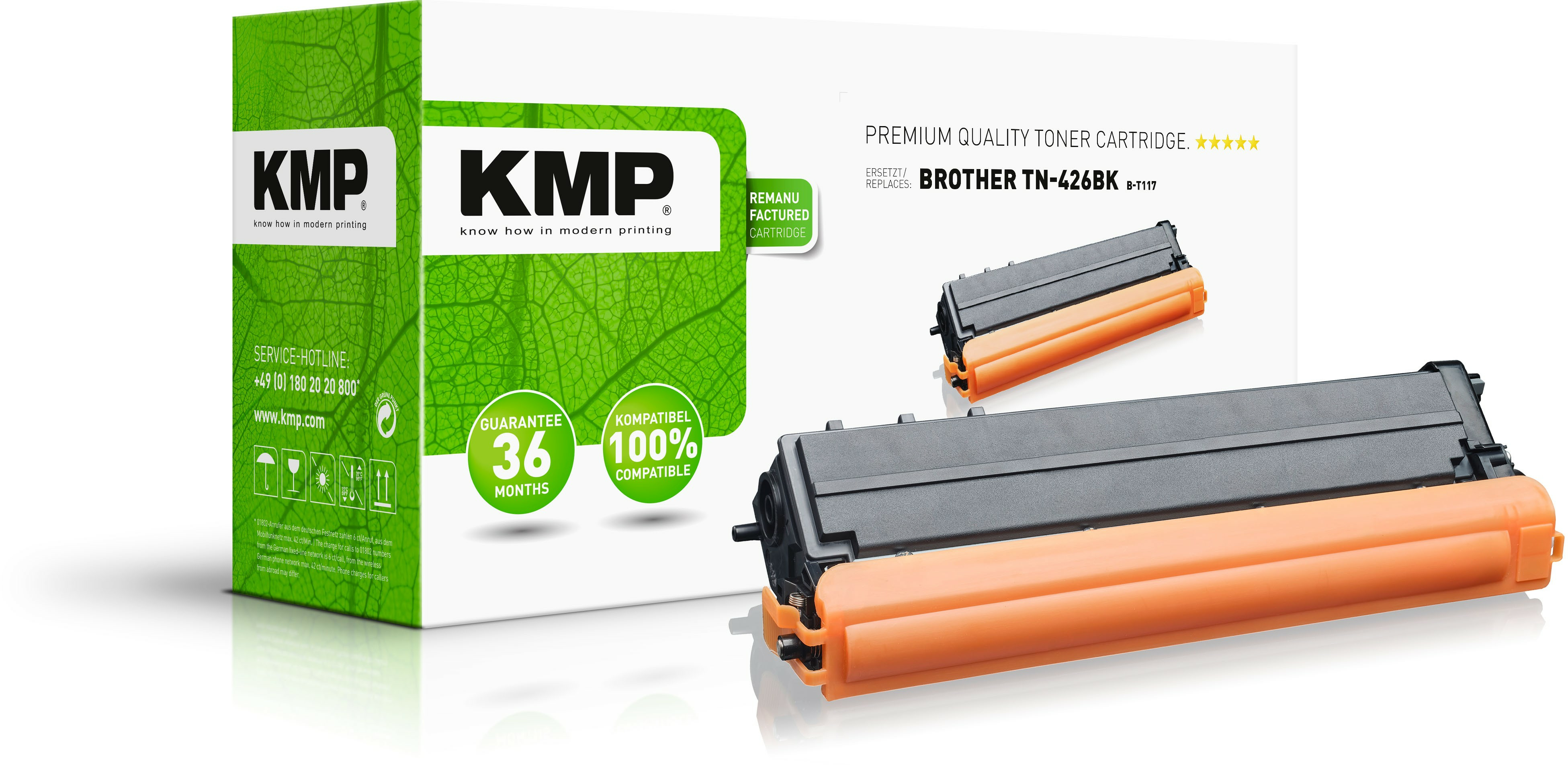 Scatola KMP verde e bianca con cartucce toner. La scatola ha una garanzia ed è compatibile.