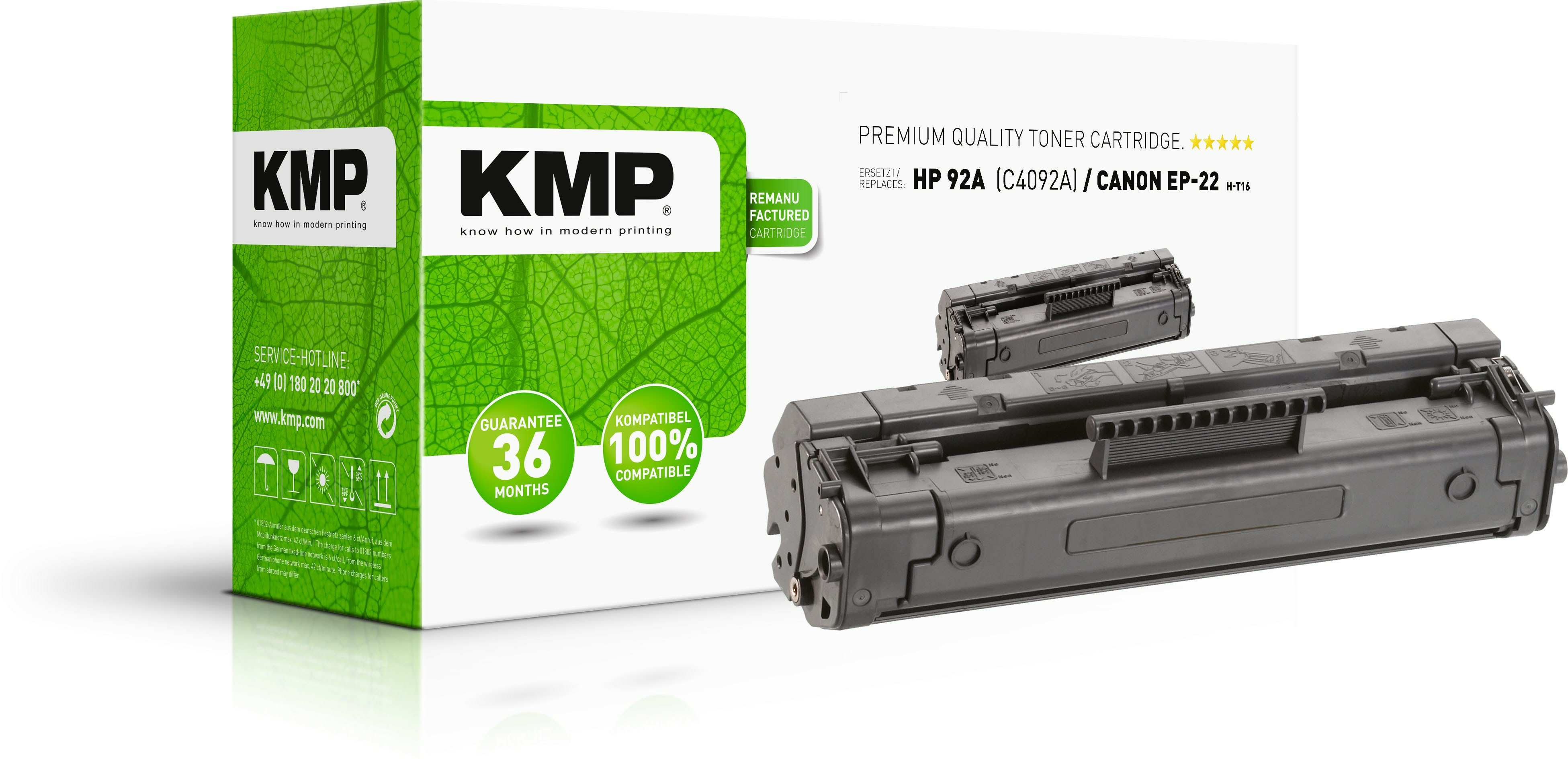 Cartucce toner con una scatola verde. La scatola dice cartuccia toner di qualità premium e KMP.