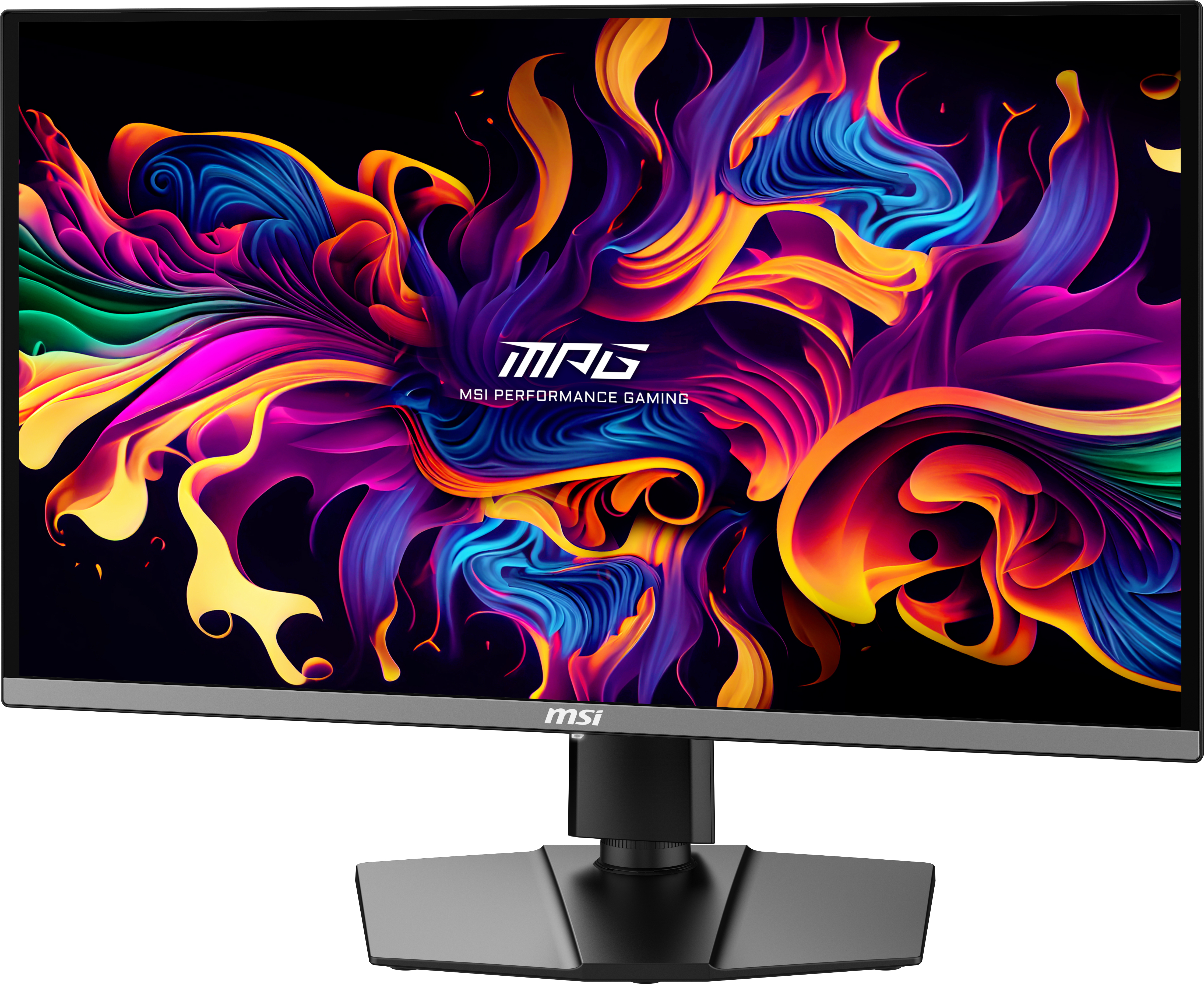 Monitor MSI z kolorową sztuką abstrakcyjną. Czarna podstawa, szara ramka, MSI Performance Gaming.