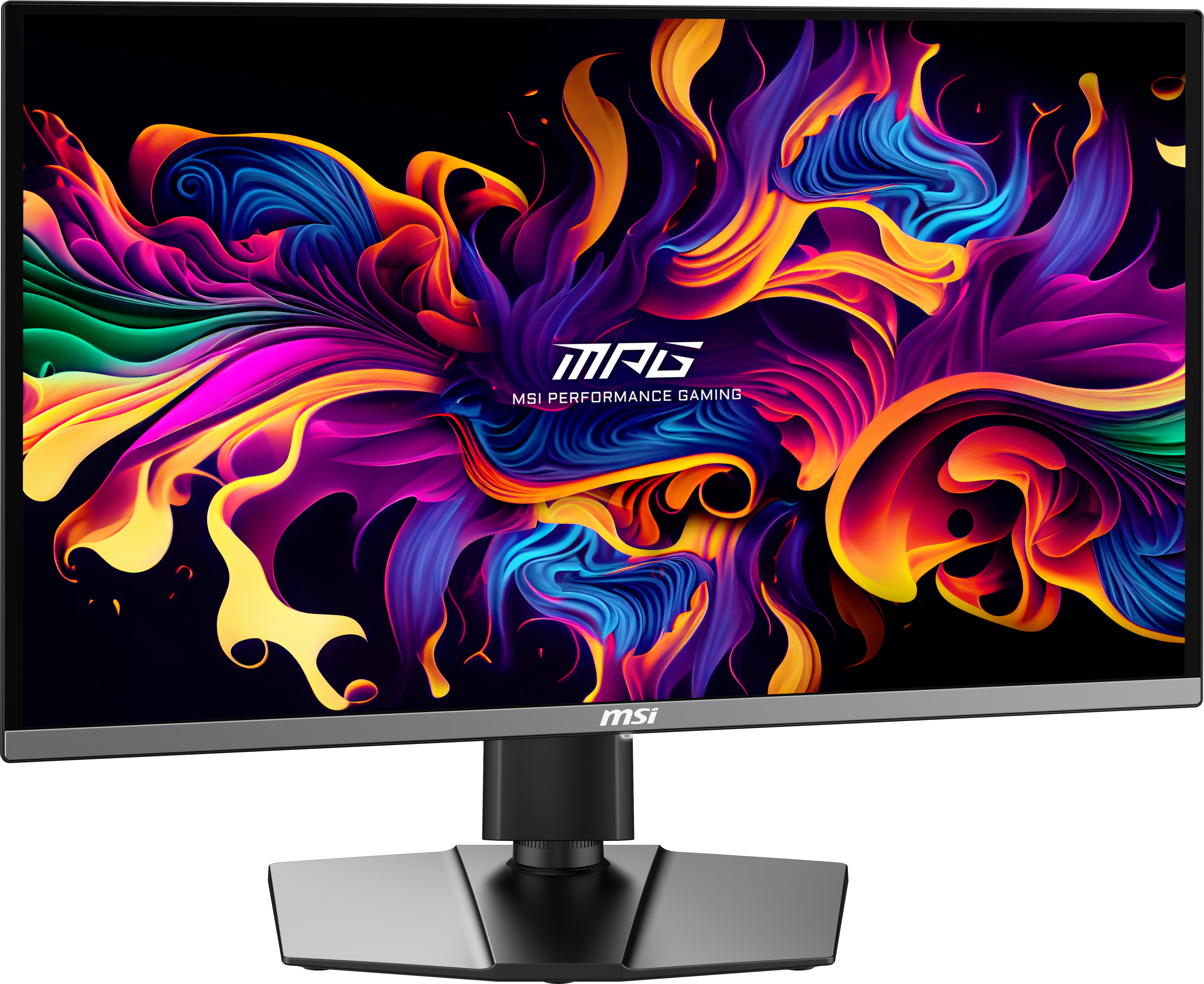 Monitor MSI z kolorową sztuką abstrakcyjną. Czarna podstawa, szara ramka, MSI Performance Gaming.