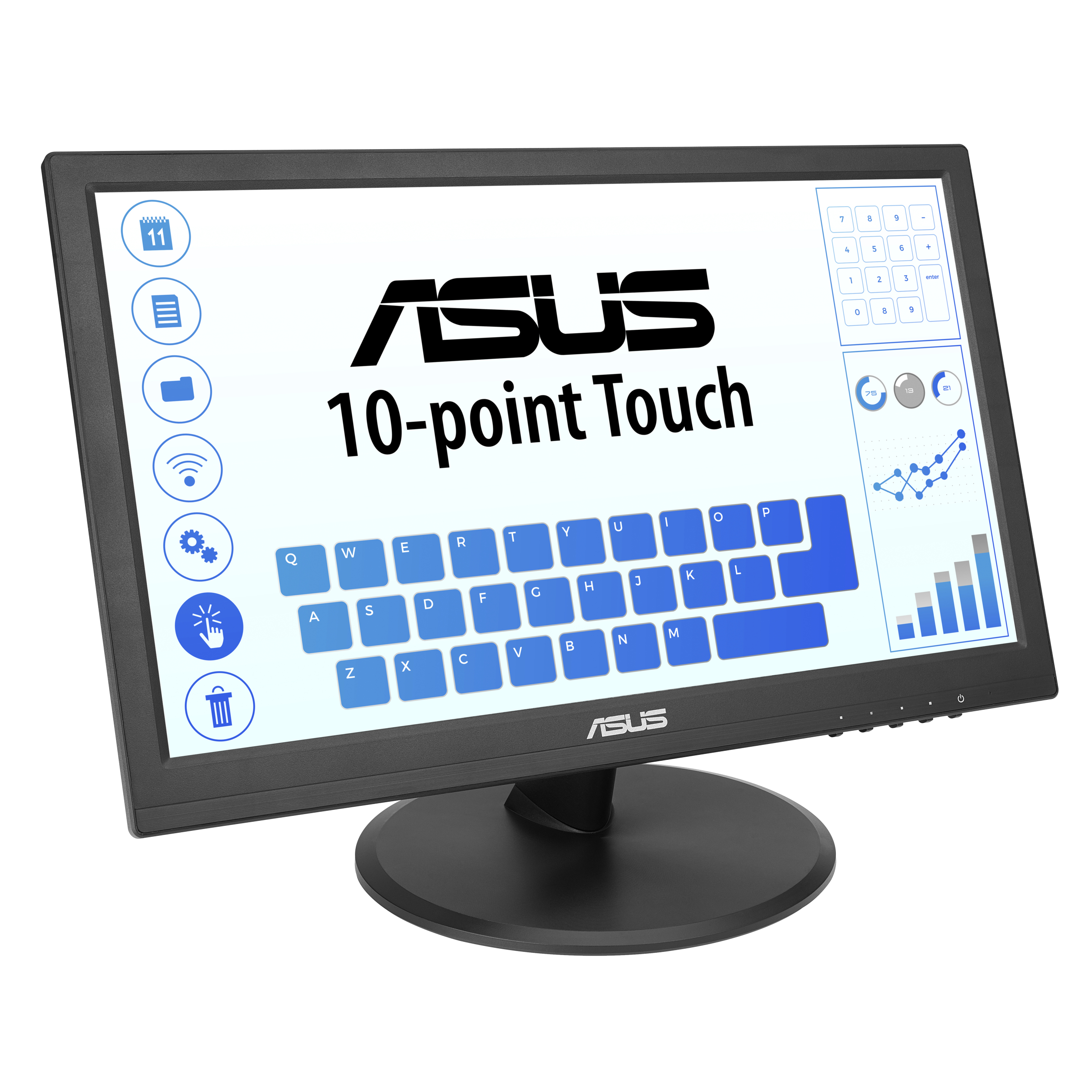 Monitor ASUS z interfejsem dotykowym, wyświetlający klawiaturę i ikony. Czarna ramka i podstawa.