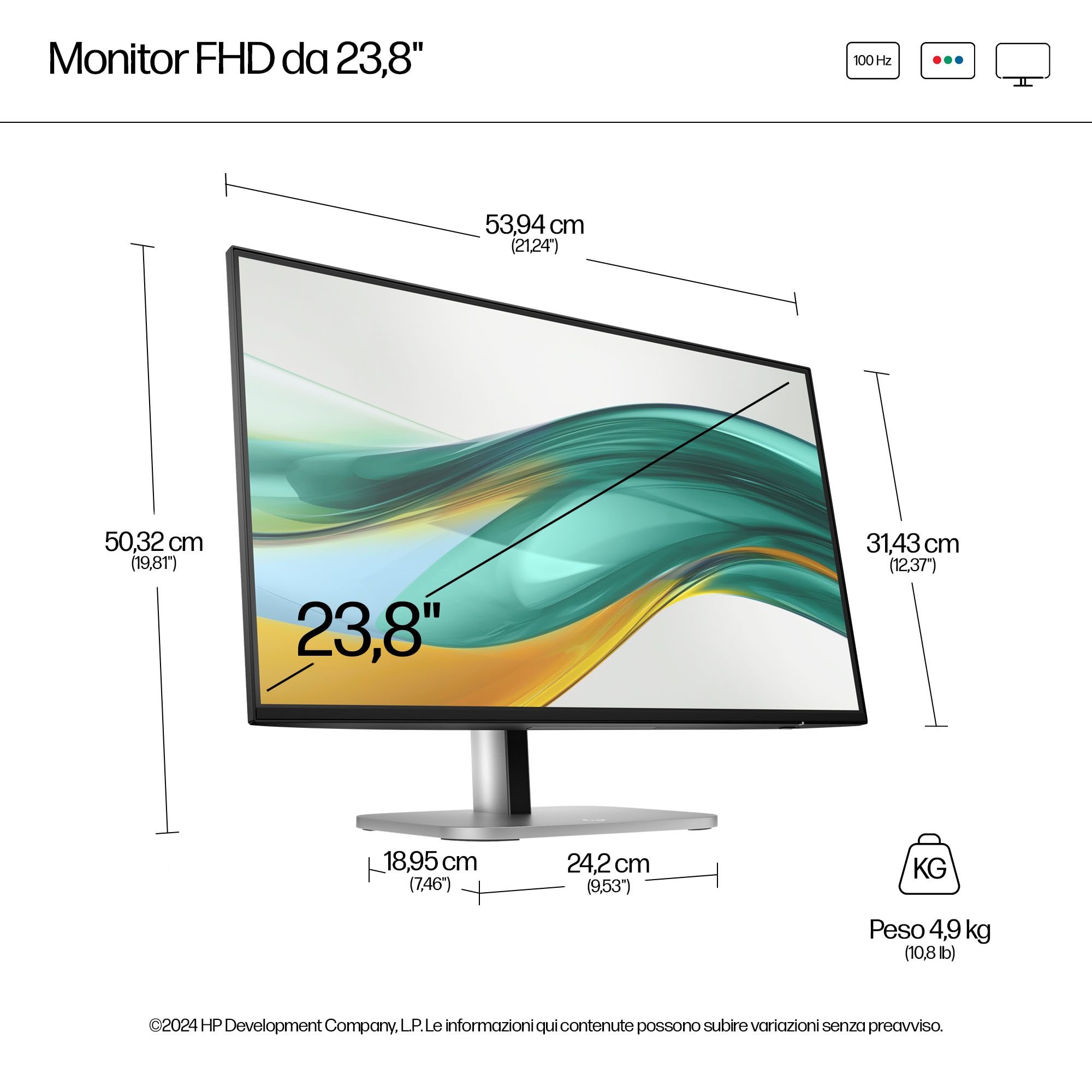 Il monitor mostra dimensioni, specifiche e peso.