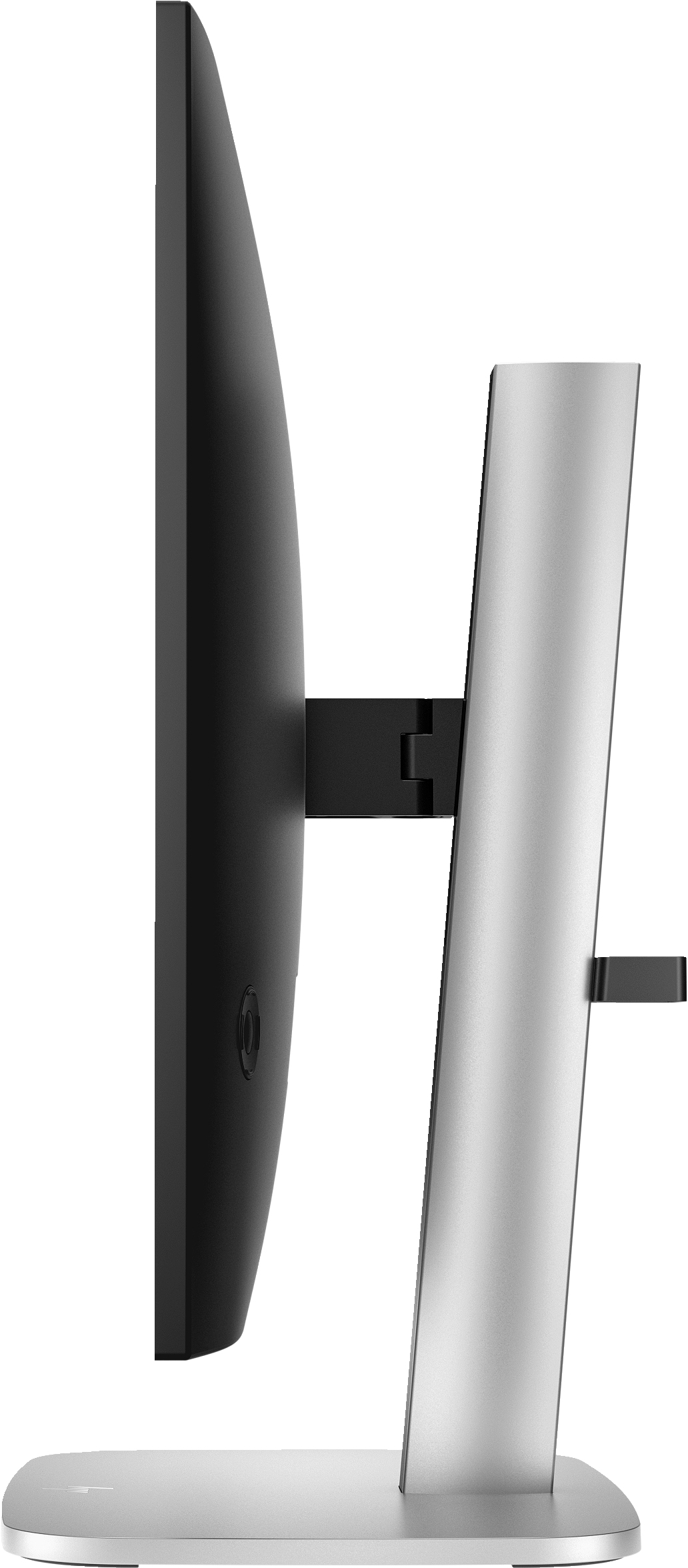 Widok z boku monitora HP wyświetlającego przestrzeń roboczą ze srebrną podstawą.