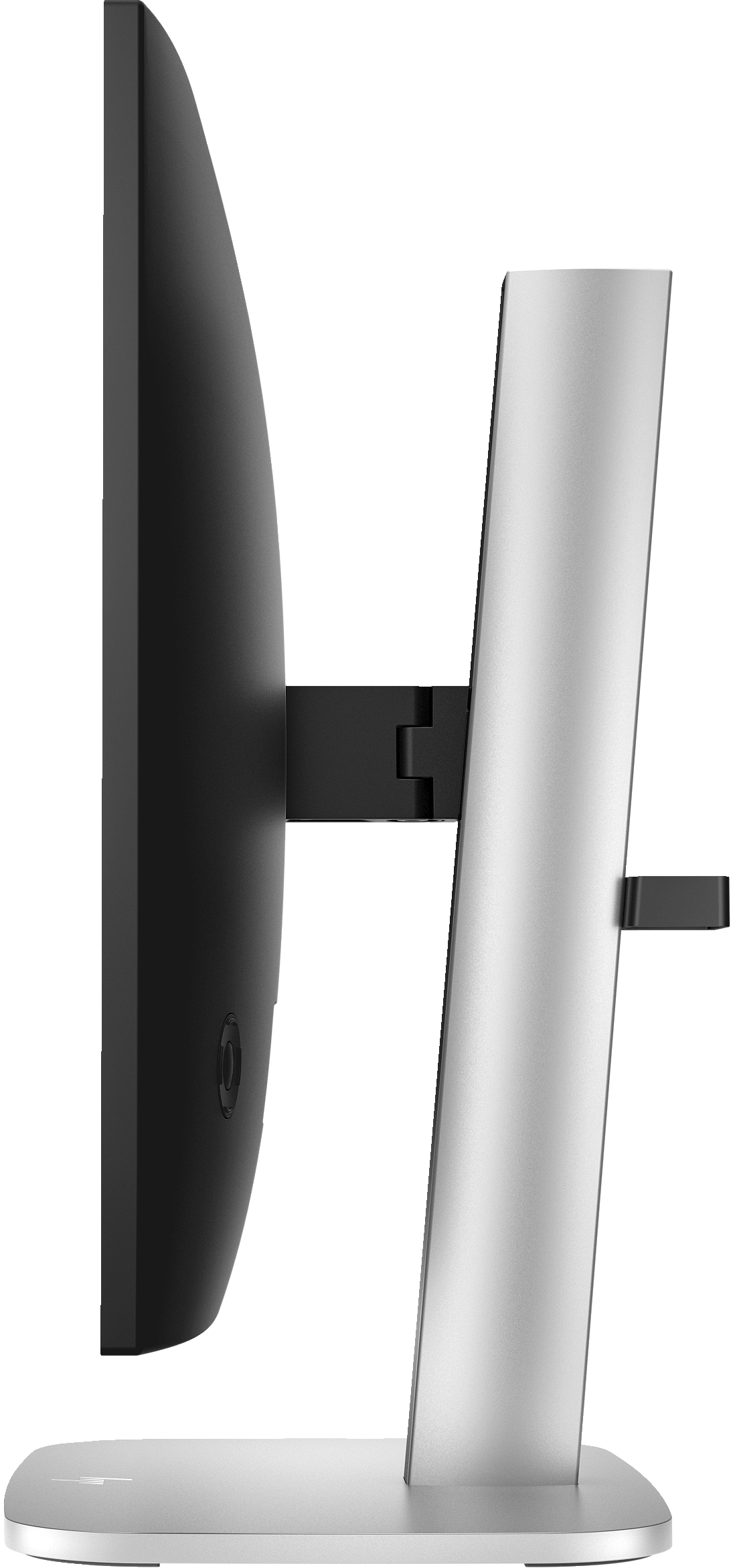 Widok z boku białego monitora HP ze srebrną podstawą.