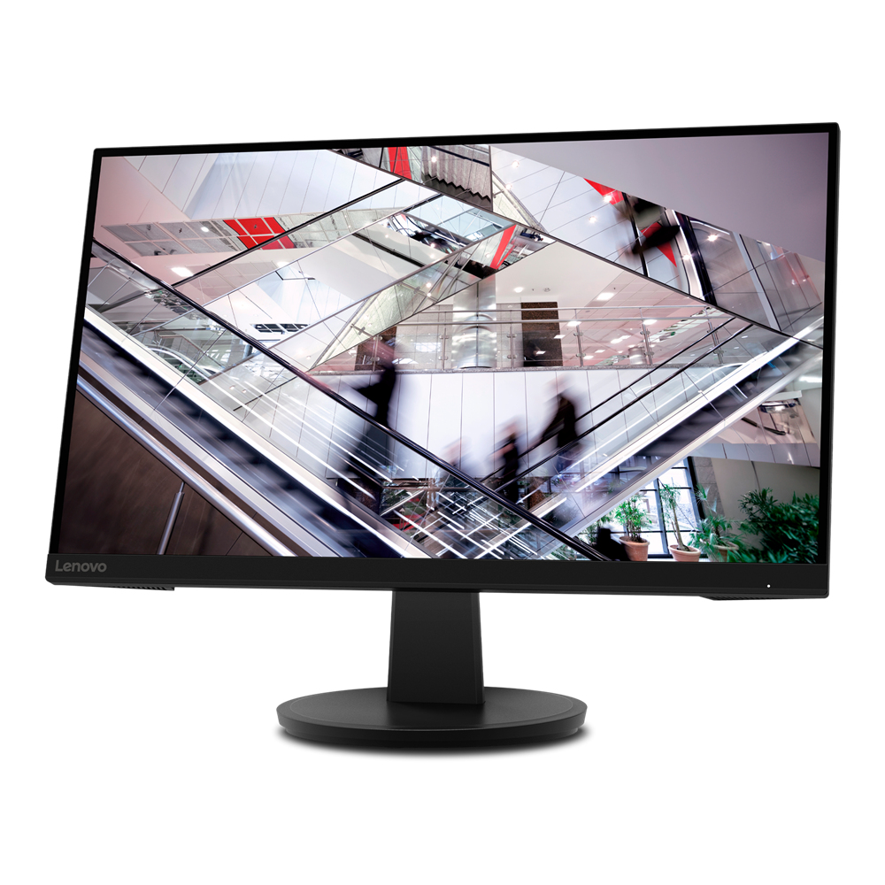 Un monitor Lenovo muestra una escena interior con personas en una escalera mecánica. Tiene borde y soporte negros.