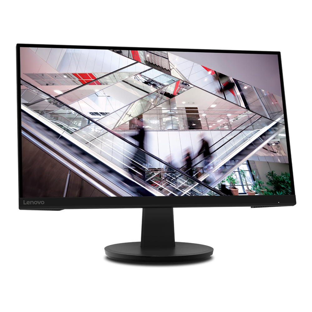 Vista trasera de un monitor Lenovo negro con puertos, soporte y el logo de Lenovo.