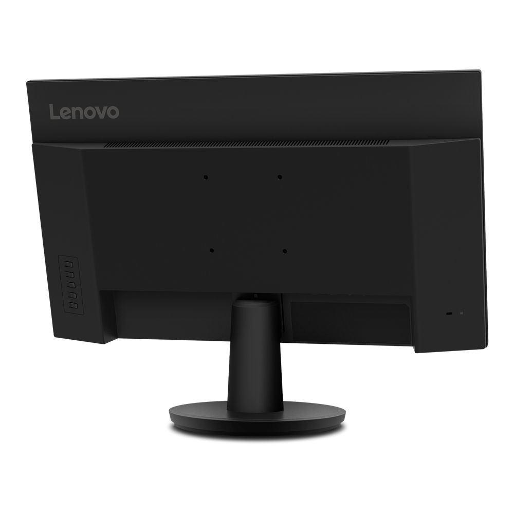 Se muestra la parte trasera de un monitor Lenovo negro. Tiene puertos y un accesorio de soporte redondo, base negra.