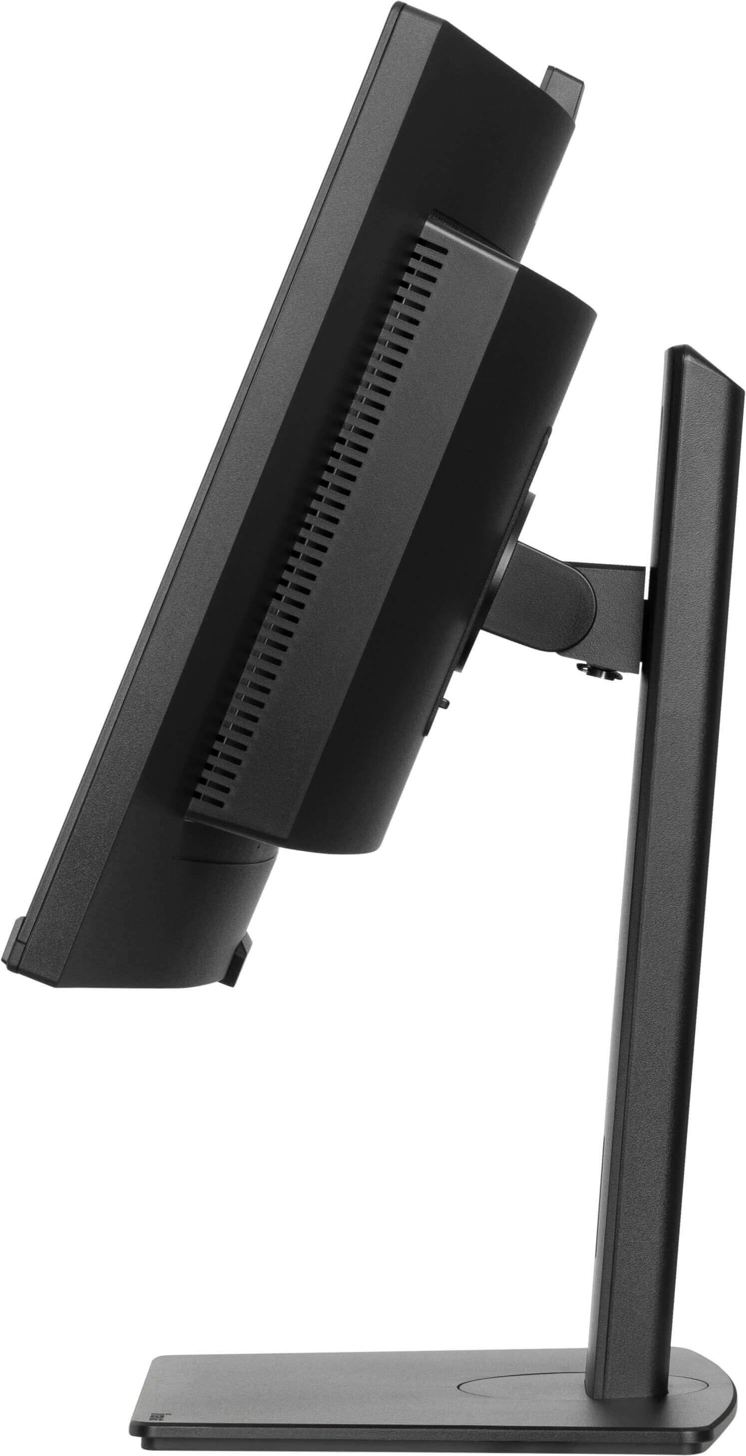 Czarny monitor jest ustawiony pod kątem. Profil boczny pokazuje ekran, otwór wentylacyjny i podstawę przymocowaną do podstawy.