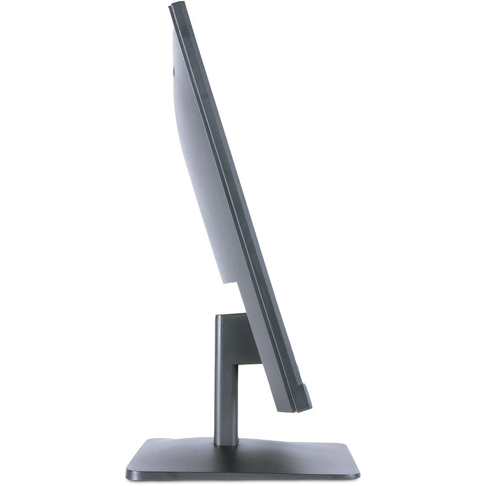 Vista laterale di un monitor nero su un supporto, che mostra lo schermo e il supporto.