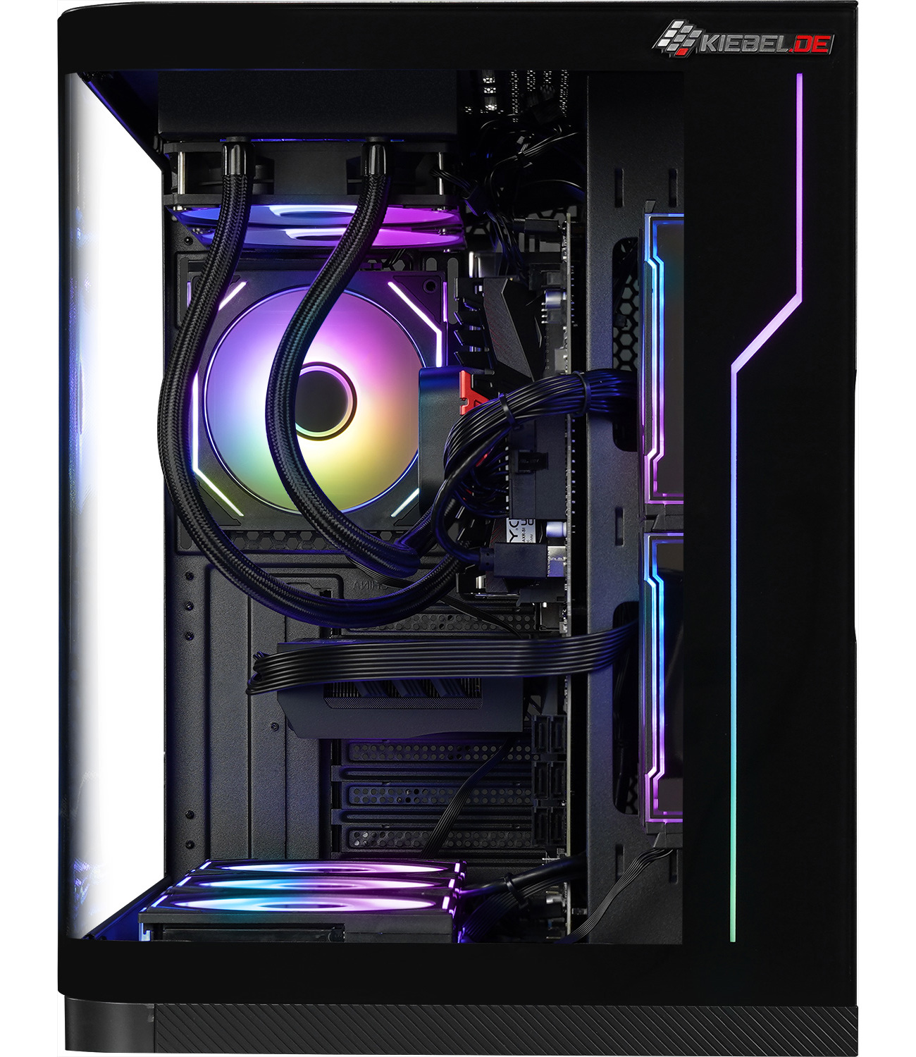 A computer case with colorful lights and components is displayed on a black background.