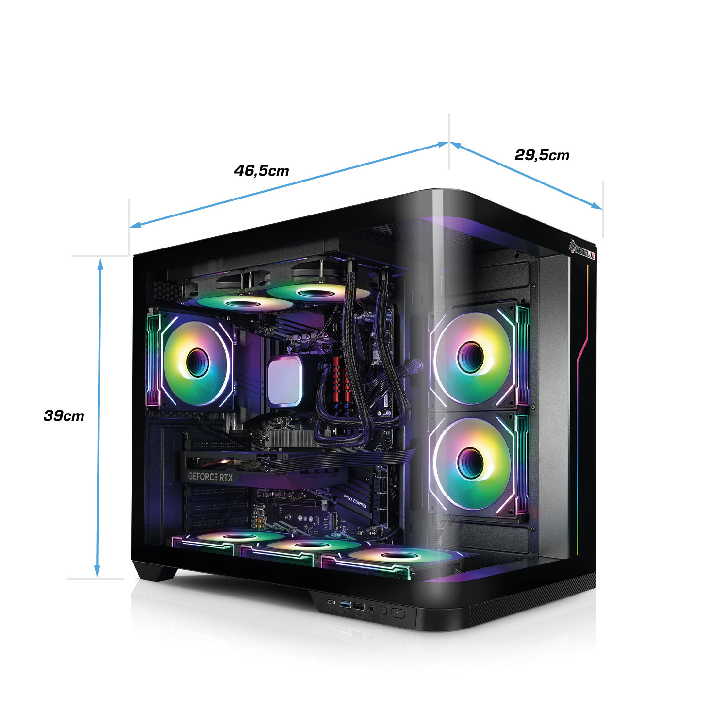 A computer case with colorful lights and components is shown on a white background, with measurements.