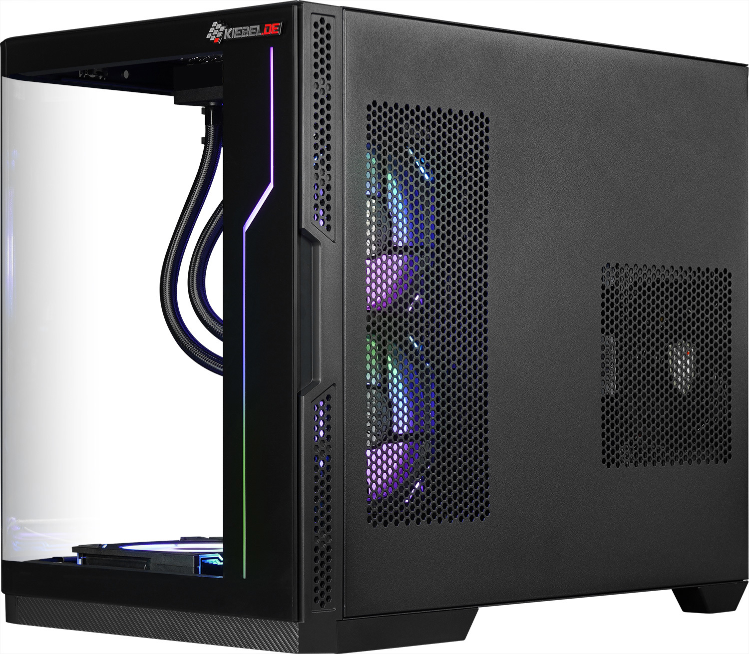 PC case with a glass side panel, fans and components are visible.