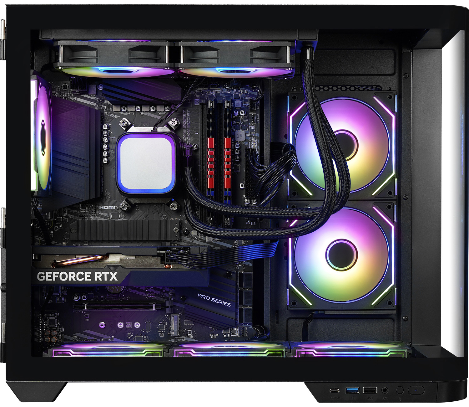 Inside of a PC case, components visible: GPU, fans, cooler, and RAM.