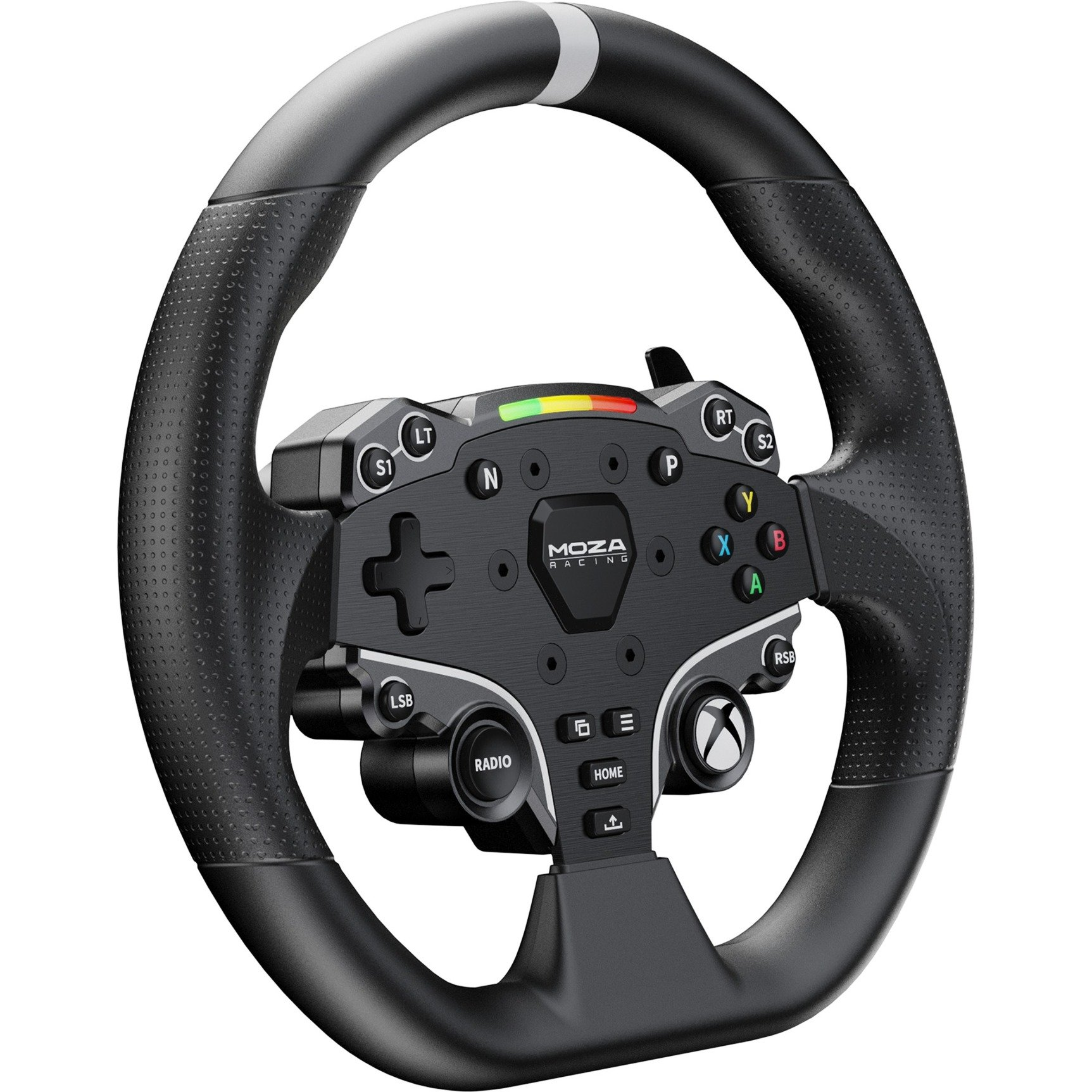 Volant de course noir avec boutons et un écran. Le logo MOZA Racing est visible.