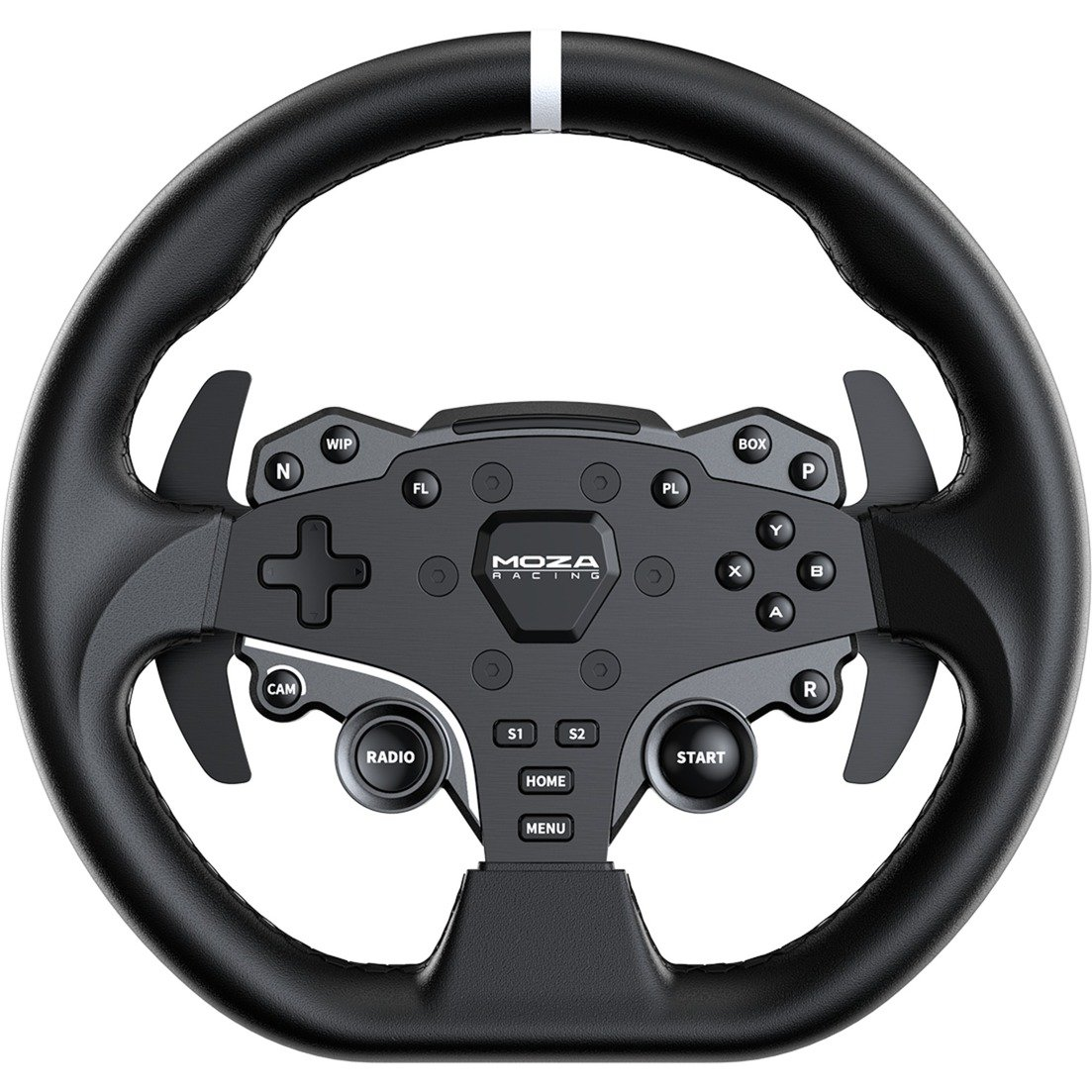 Schwarzes Rennlenkrad, MOZA Racing Logo, Knöpfe, Paddles und Display.