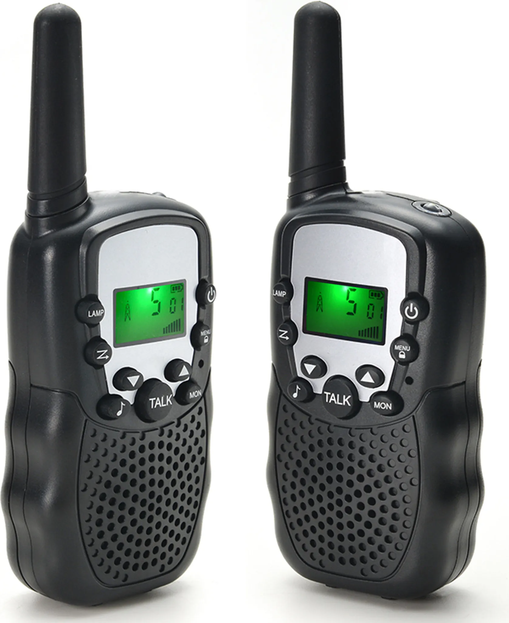 Zwei schwarze Walkie-Talkies mit grünen Displays.