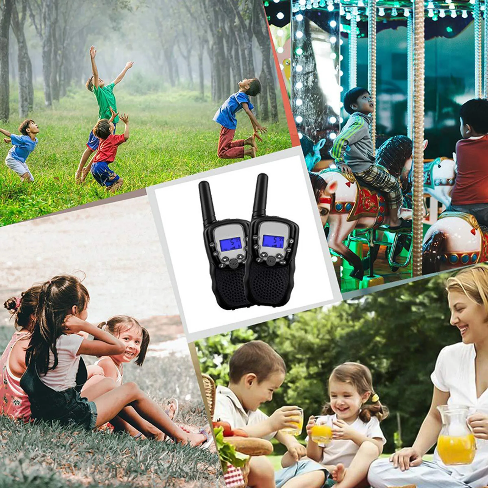 Eine Collage von spielenden Kindern: im Park, auf einem Karussell und auf einer Geburtstagsfeier mit Walkie-Talkies.