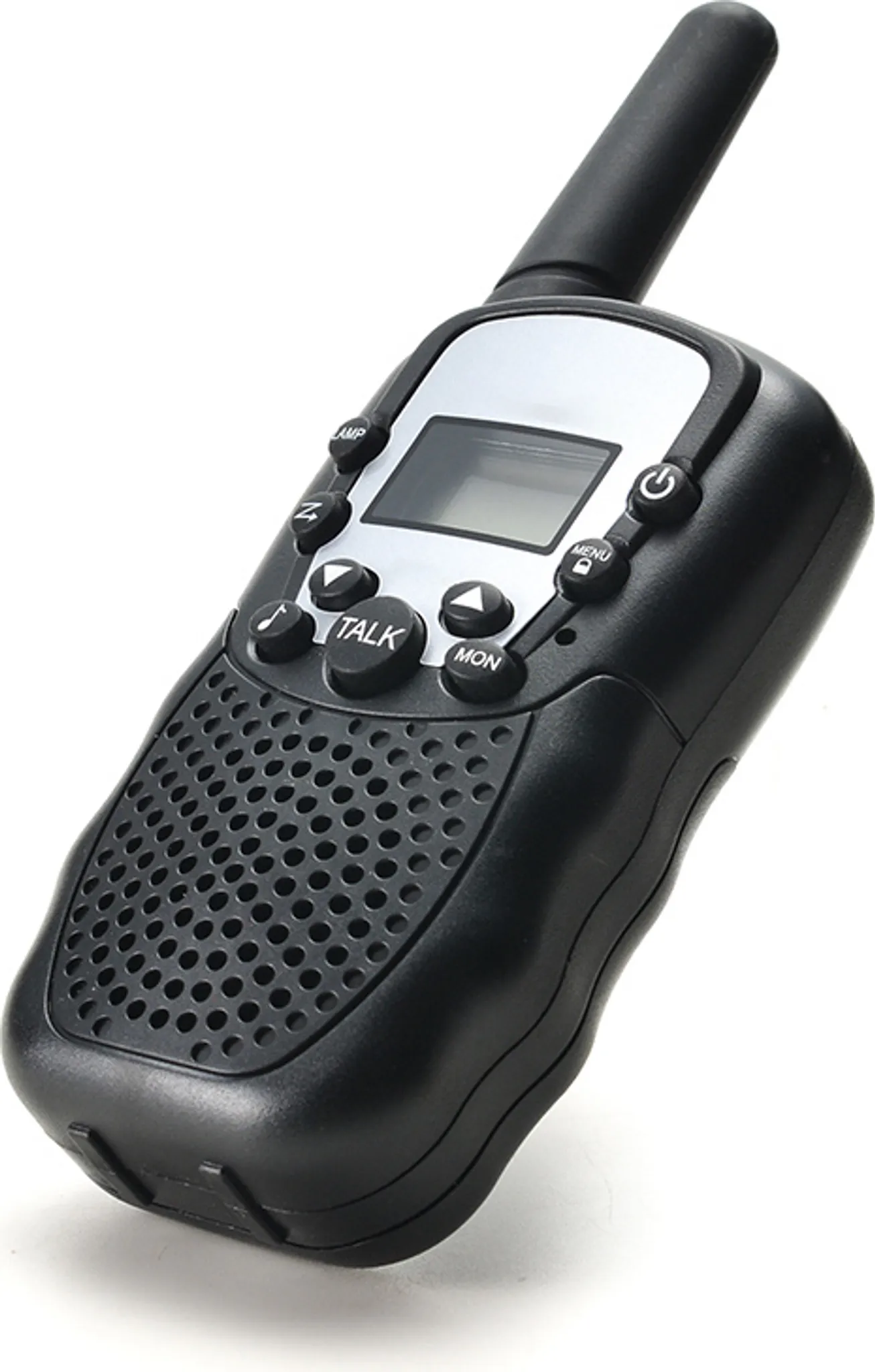 Ein schwarzes Walkie-Talkie mit Bildschirm und Knöpfen. Das Gerät ist nach oben abgewinkelt.