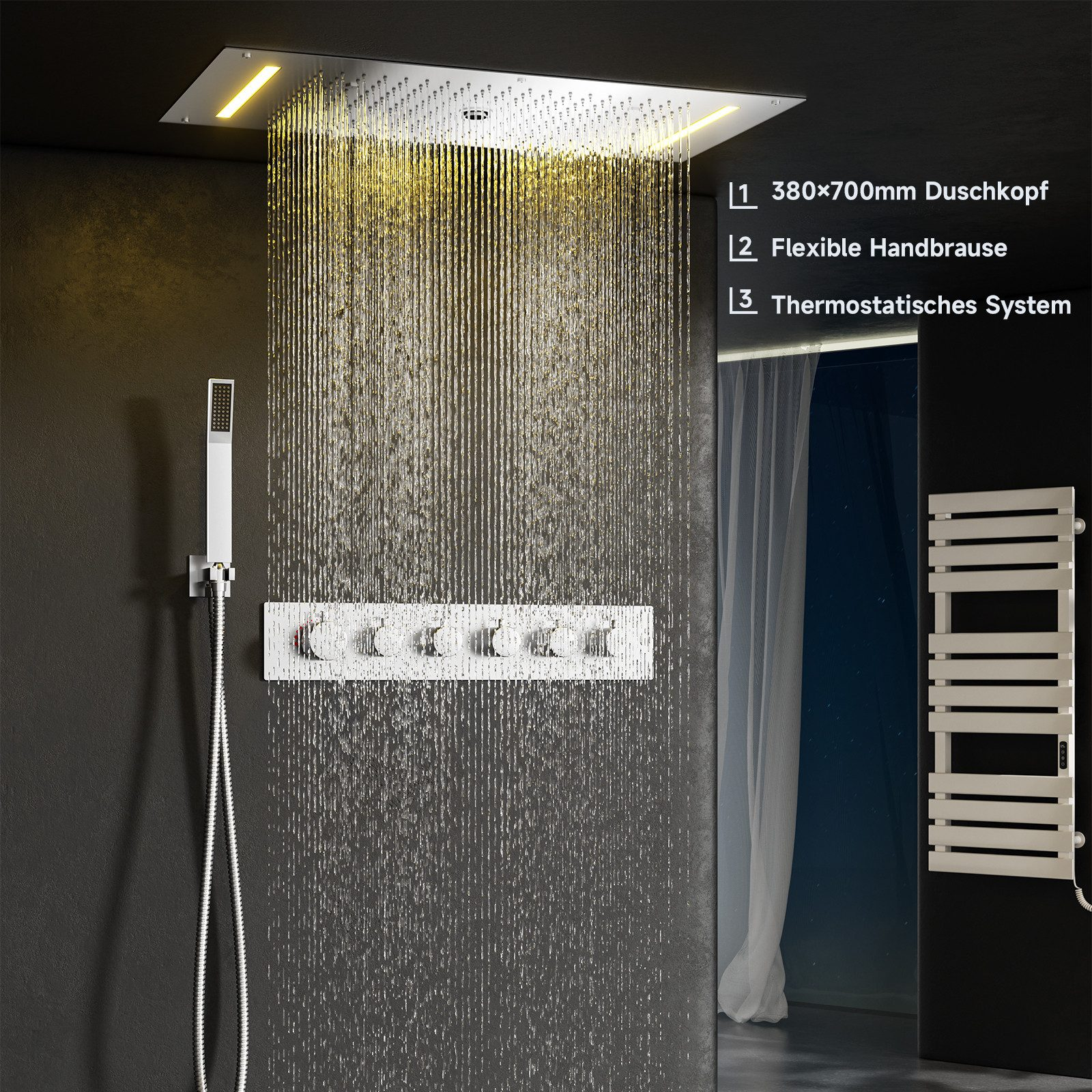 Eine moderne Dusche mit Wasserfalleffekt. Weiße Bedienelemente und eine Handbrause. Ein Handtuchhalter.