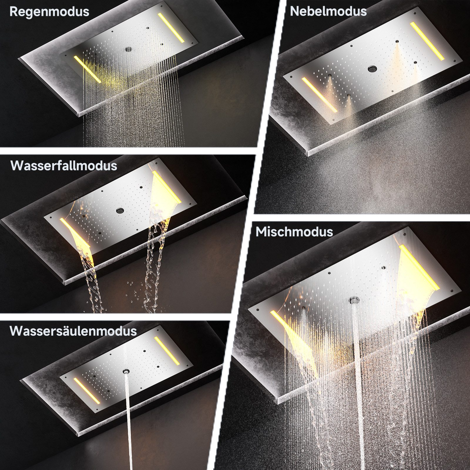 Eine Collage, die verschiedene Duschmodi zeigt: Regen, Nebel, Wasserfall und Mischmodi.