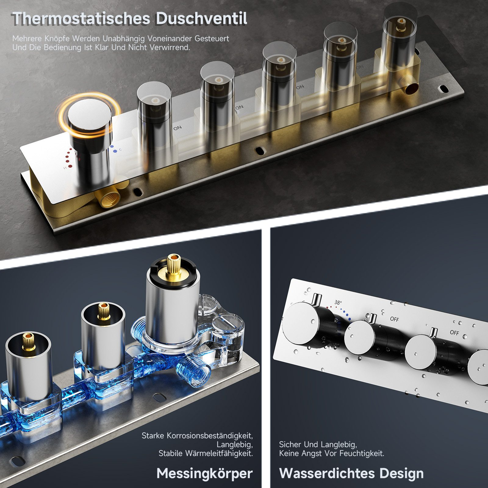 Ein Duscharmaturen-Set mit mehreren Bedienelementen und eine Nahaufnahme der inneren Komponenten mit Wasserfluss.