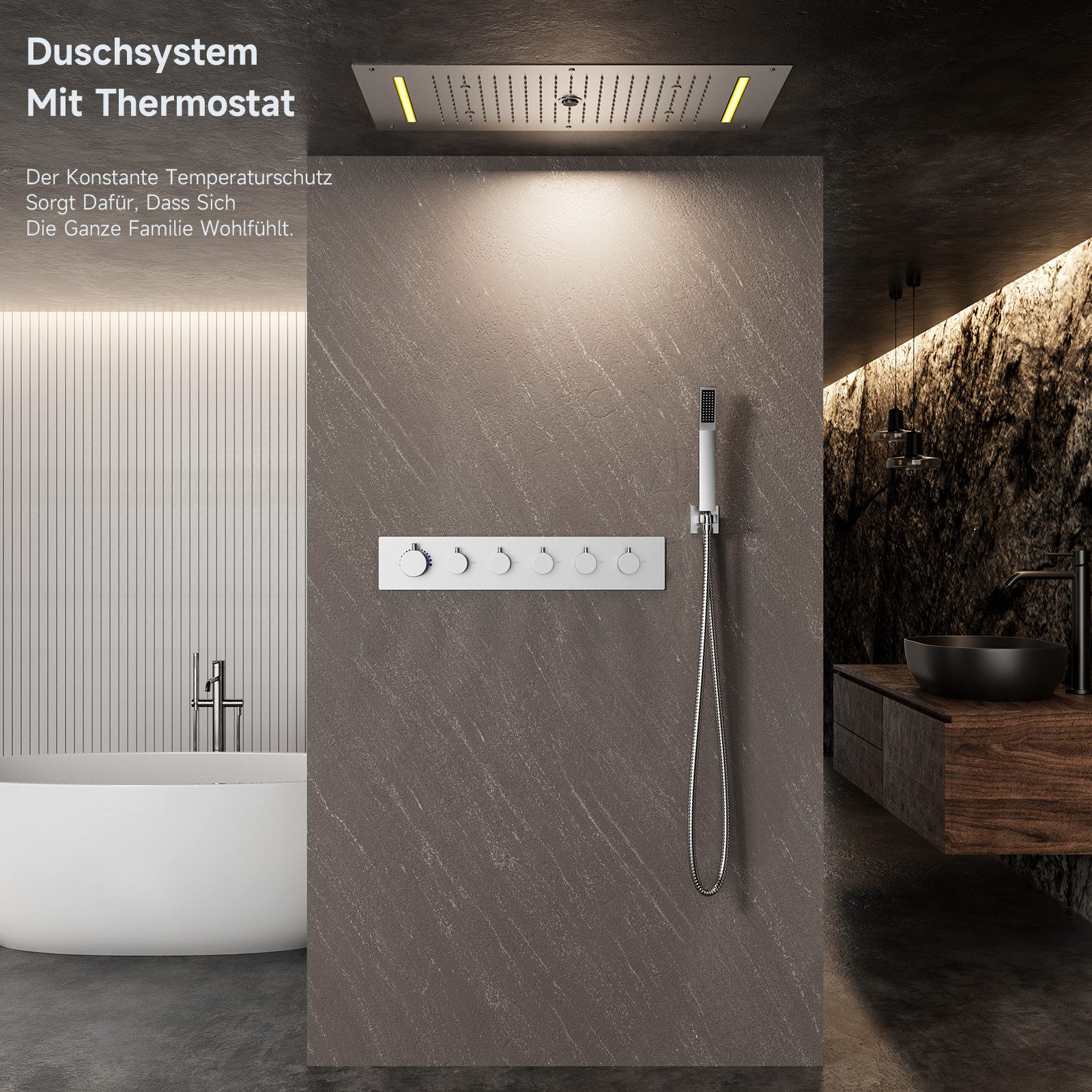 Duschsystem mit Thermostat, Duschkopf, Bedienfeld und Badewanne.
