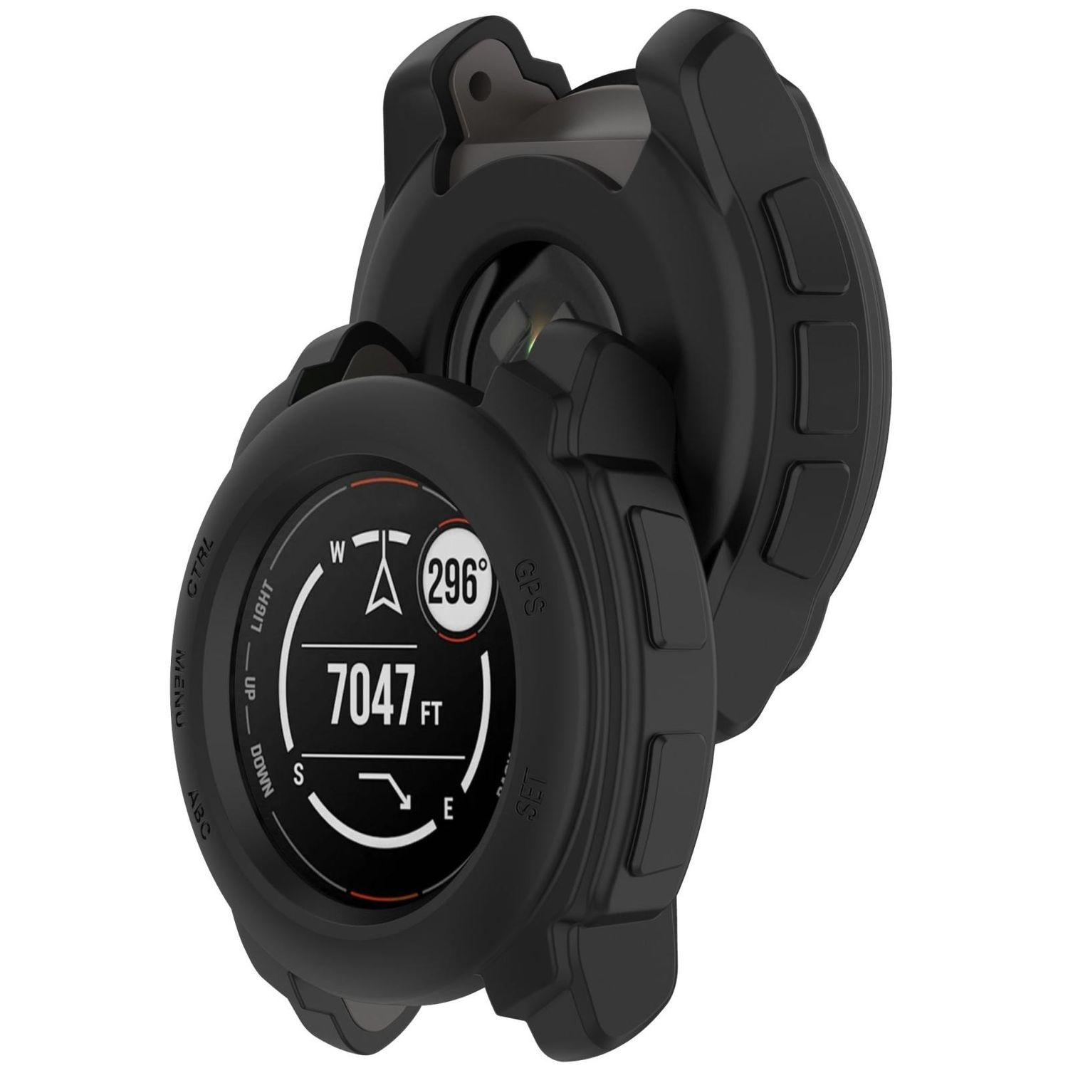 Schwarzes Uhrengehäuse mit Smartwatch. Die Uhr zeigt Kompass und Höhe an.
