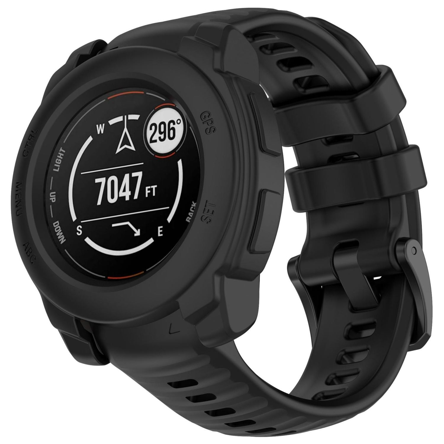 Schwarze Smartwatch mit digitaler Anzeige. Das Armband ist ebenfalls schwarz. Verschiedene Symbole sind auf dem Bildschirm.