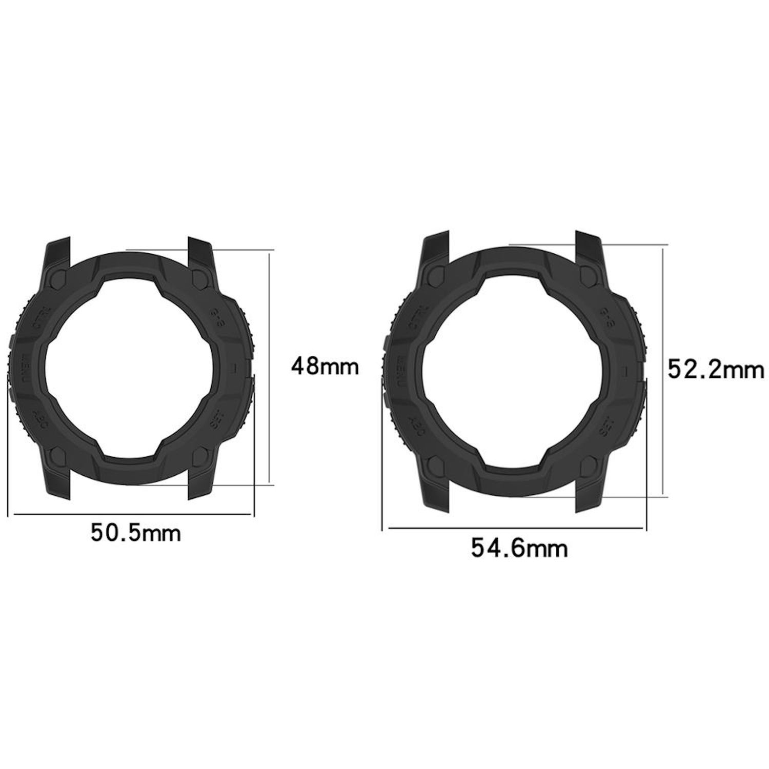 Zwei schwarze Uhrenlünetten mit Größenangaben. Eine ist 50,5x48mm, die andere 54,6x52,2mm.