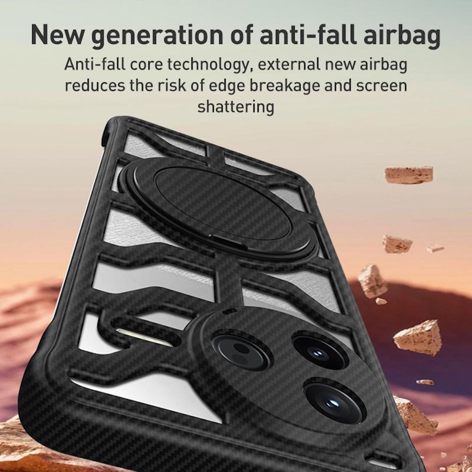 Eine schwarze Handyhülle mit Carbonfaser-Design, zeigt die Rückseite eines Telefons mit Text: Anti-Fall-Airbag.