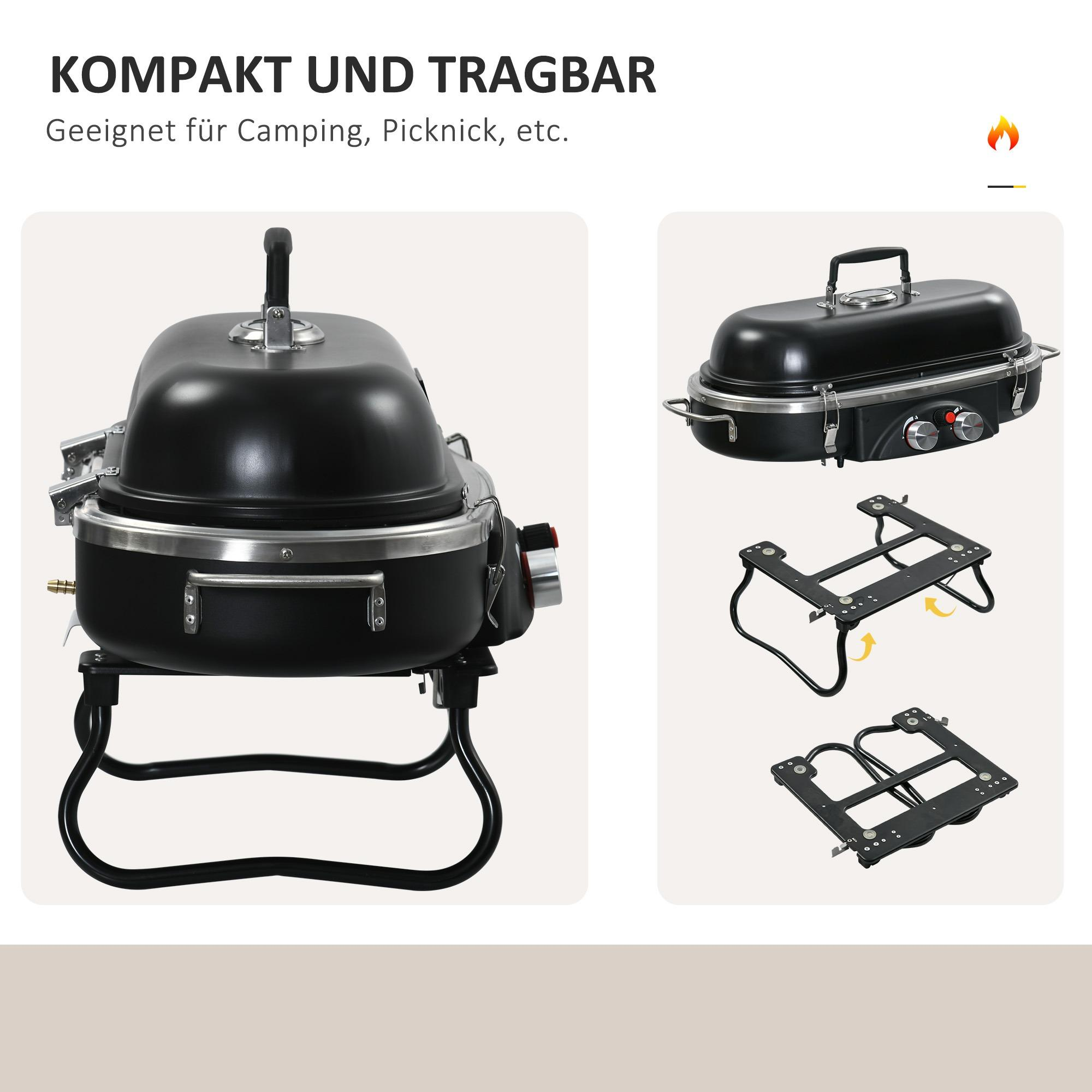 Schwarzer tragbarer Grill mit Griff und Ständer. Drei Bilder zeigen die Grillteile.