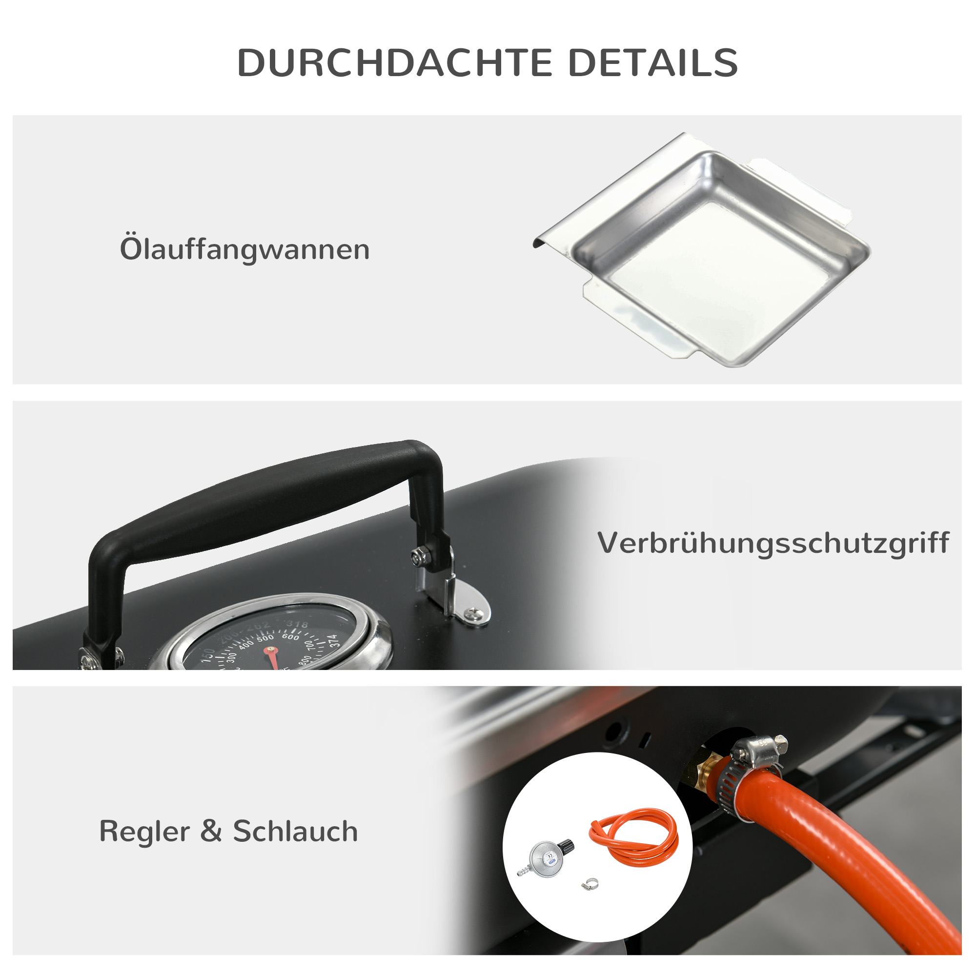 Nahaufnahme von Grilldetails. Ölauffangwanne, Griff und Regler.