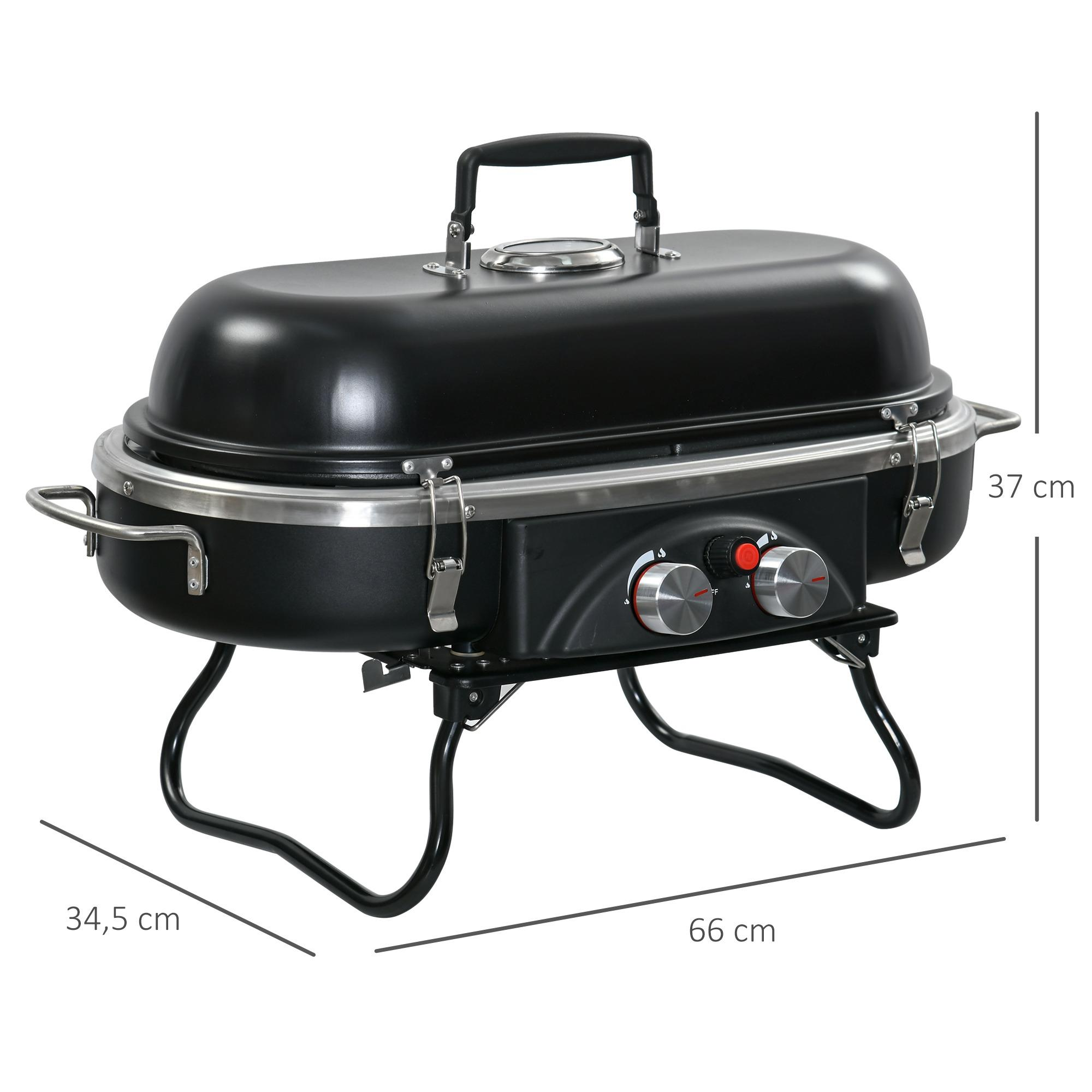 Schwarzer Außengrill mit Abmessungen. Ovale Form und schwarze Beine.