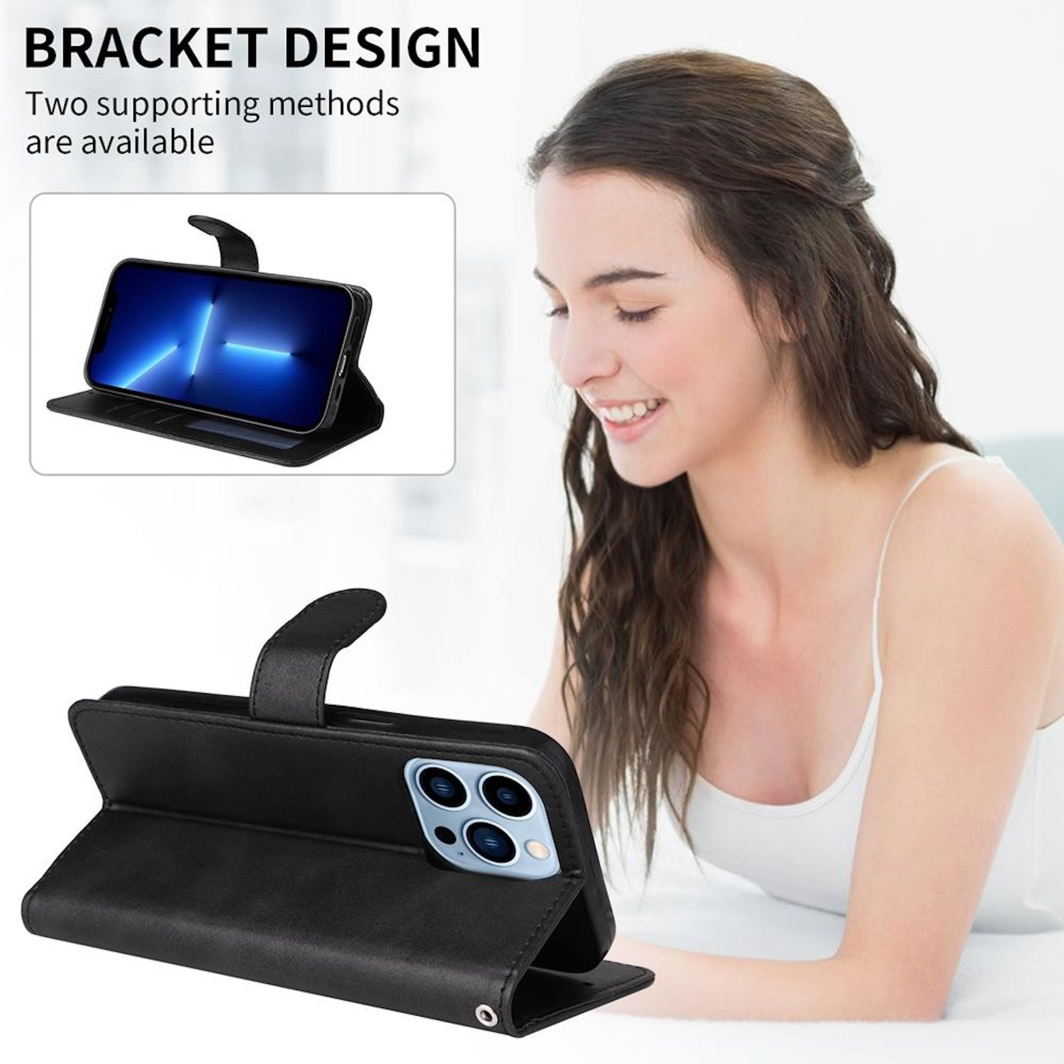 Eine Frau hält ein Telefon in einem schwarzen Etui, das Telefon befindet sich im Bracket-Modus.