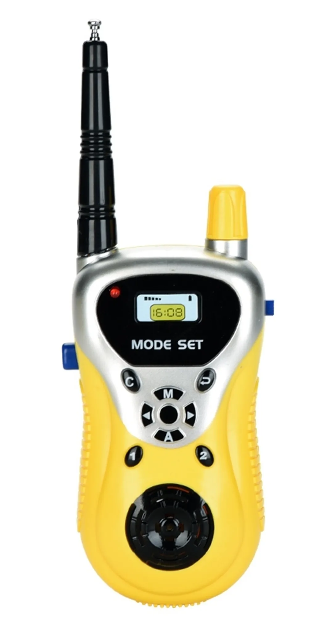 Ein gelbes Walkie-Talkie-Spielzeug mit schwarzer Antenne, Bildschirm und Knöpfen, isoliert auf weißem Hintergrund.