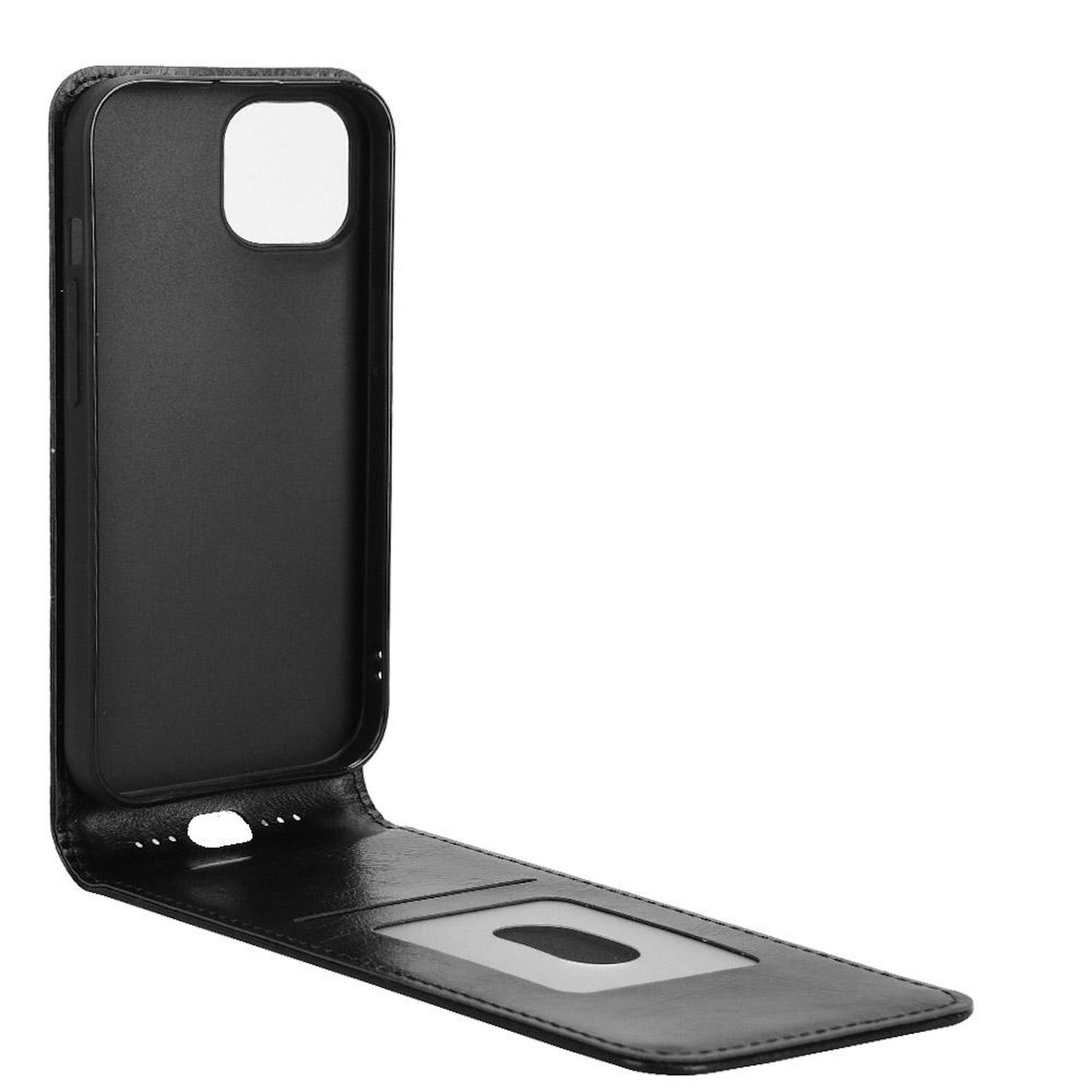 Schwarze iPhone-Hülle, geöffnet, um die Innenseite mit Kartenfach zu zeigen.