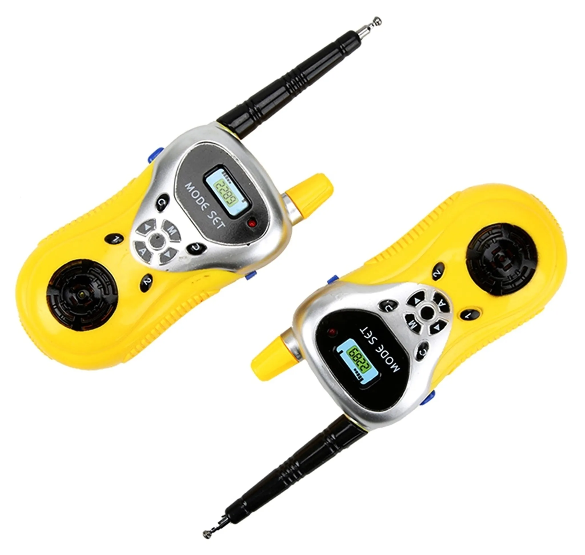Zwei gelbe Walkie-Talkies mit Antennen, Bildschirmen und Mode-Set-Tasten auf weißem Hintergrund.