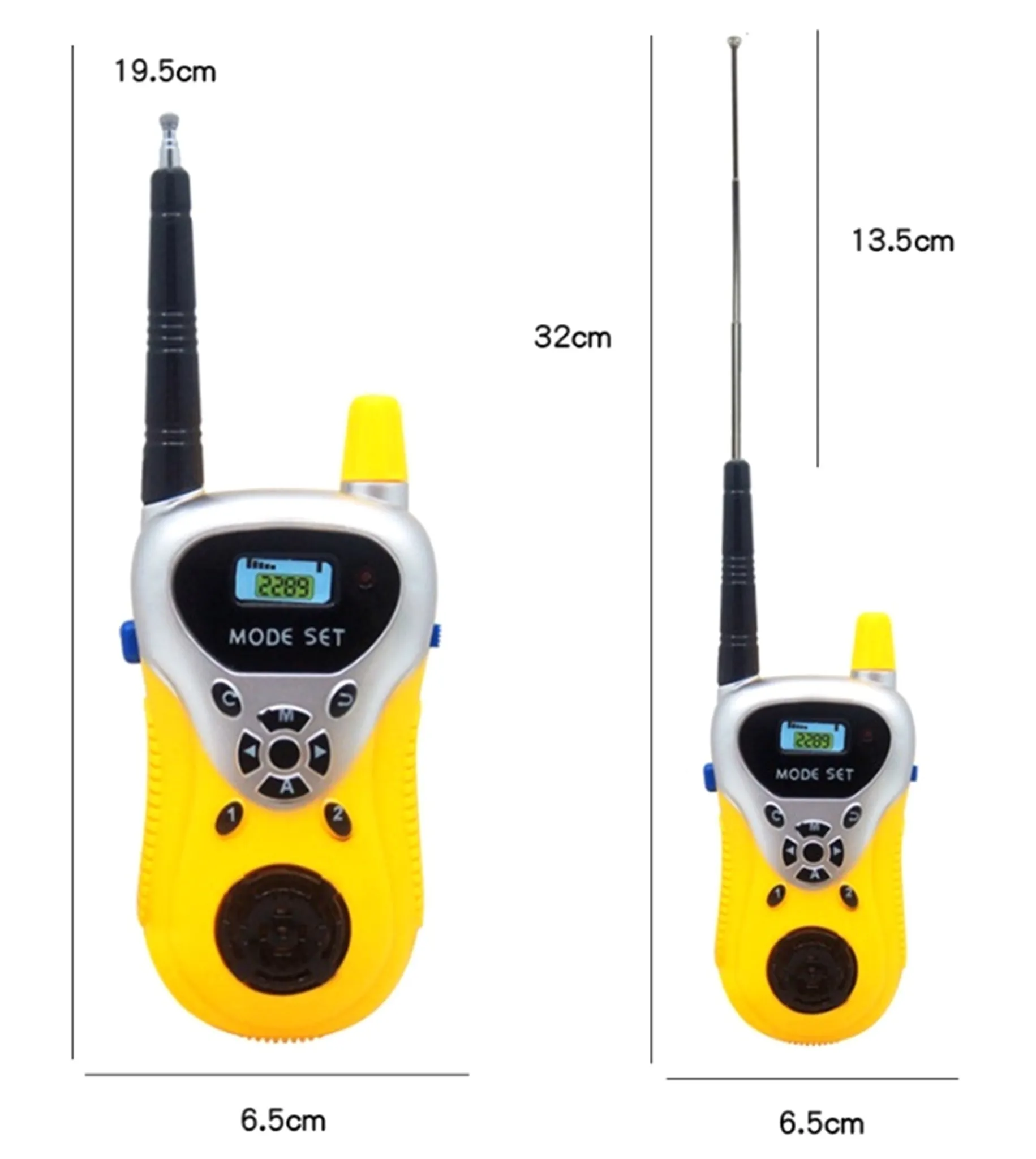 Zwei gelbe Walkie-Talkies. Eines ist größer mit Display. Beide haben Antennen.